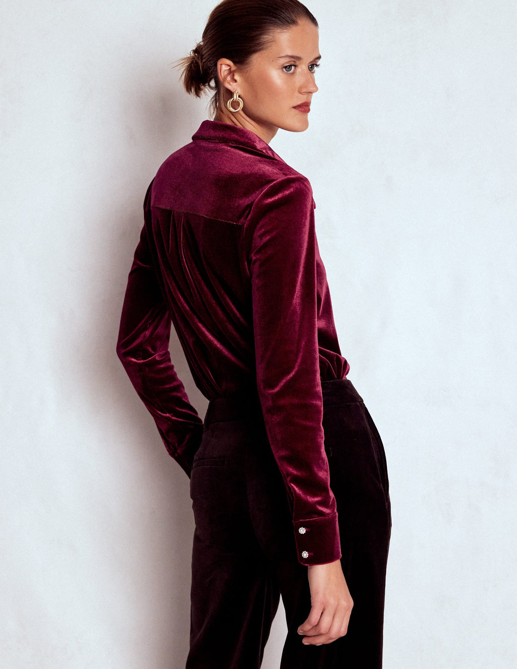 Jewel Button Velvet Shirt-Ruby Red
