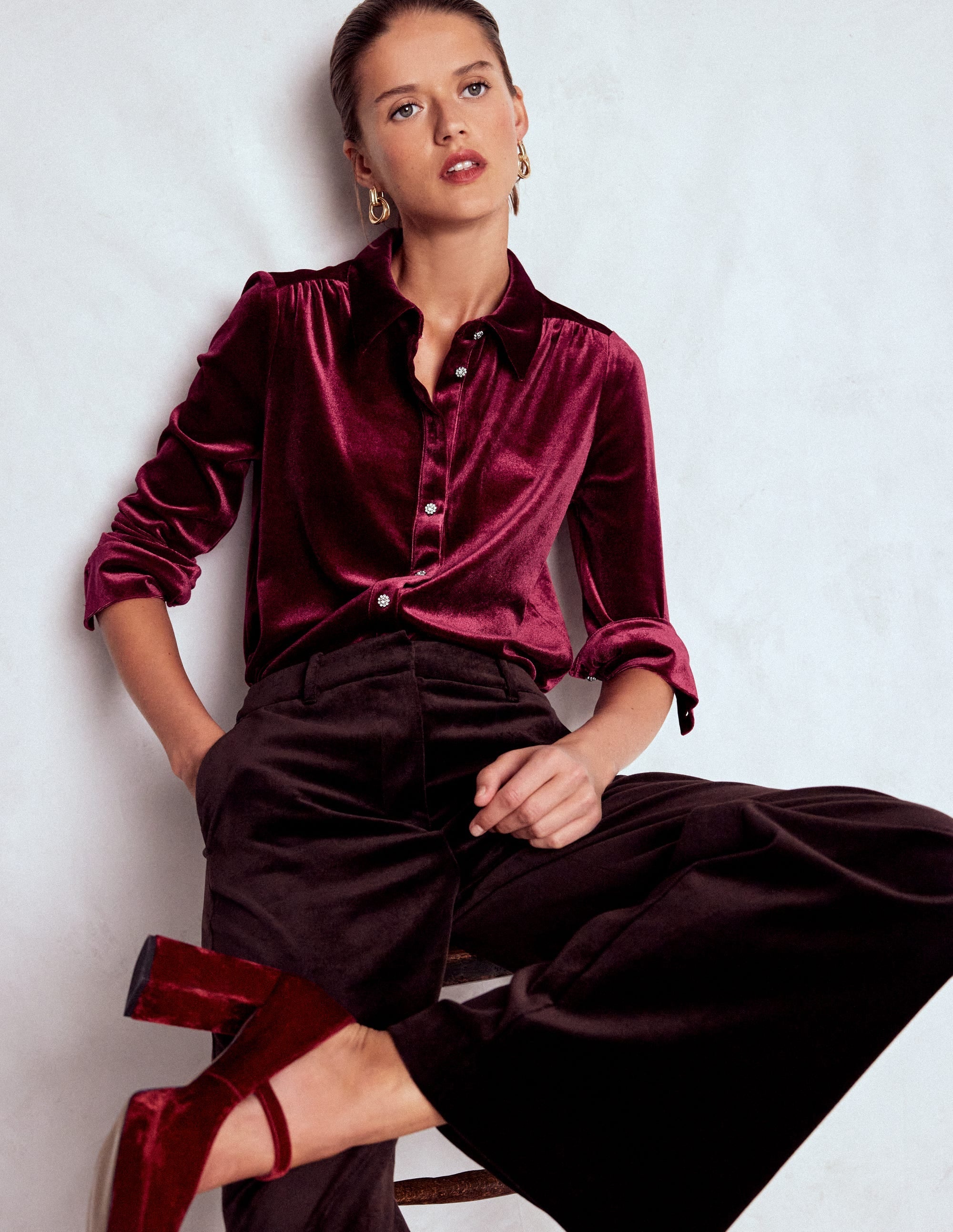 Jewel Button Velvet Shirt-Ruby Red