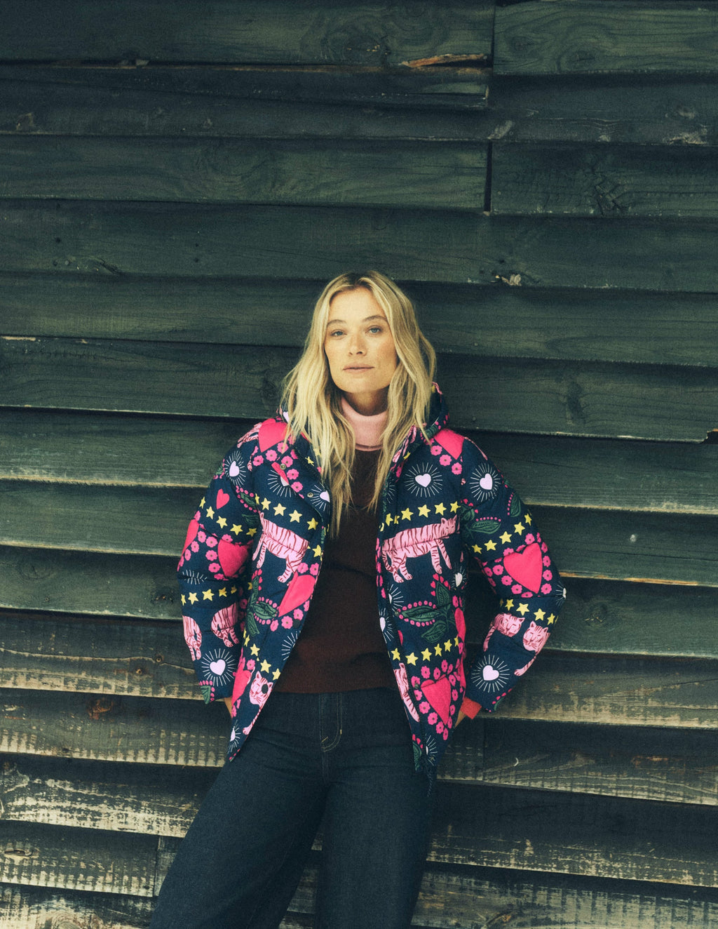 Padded Puffer Coat-French Navy, Embellished Tiger