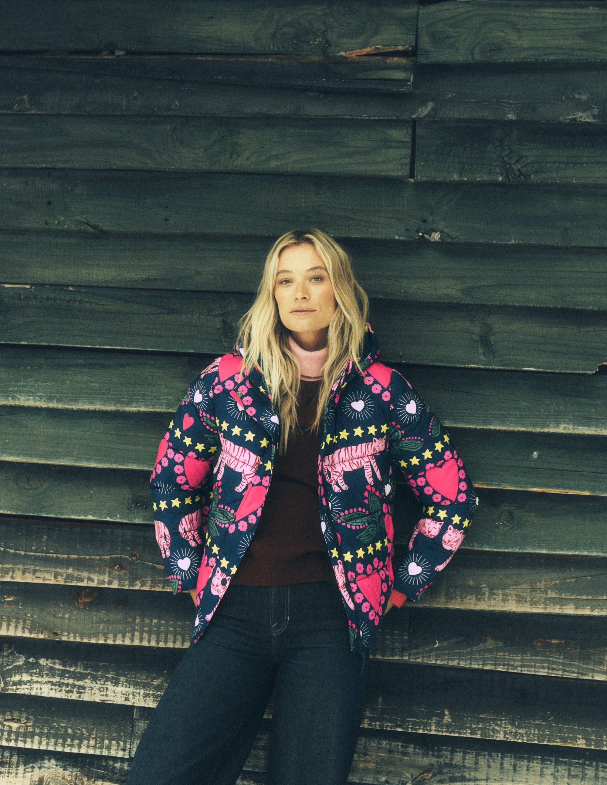 Padded Puffer Coat-French Navy, Embellished Tiger