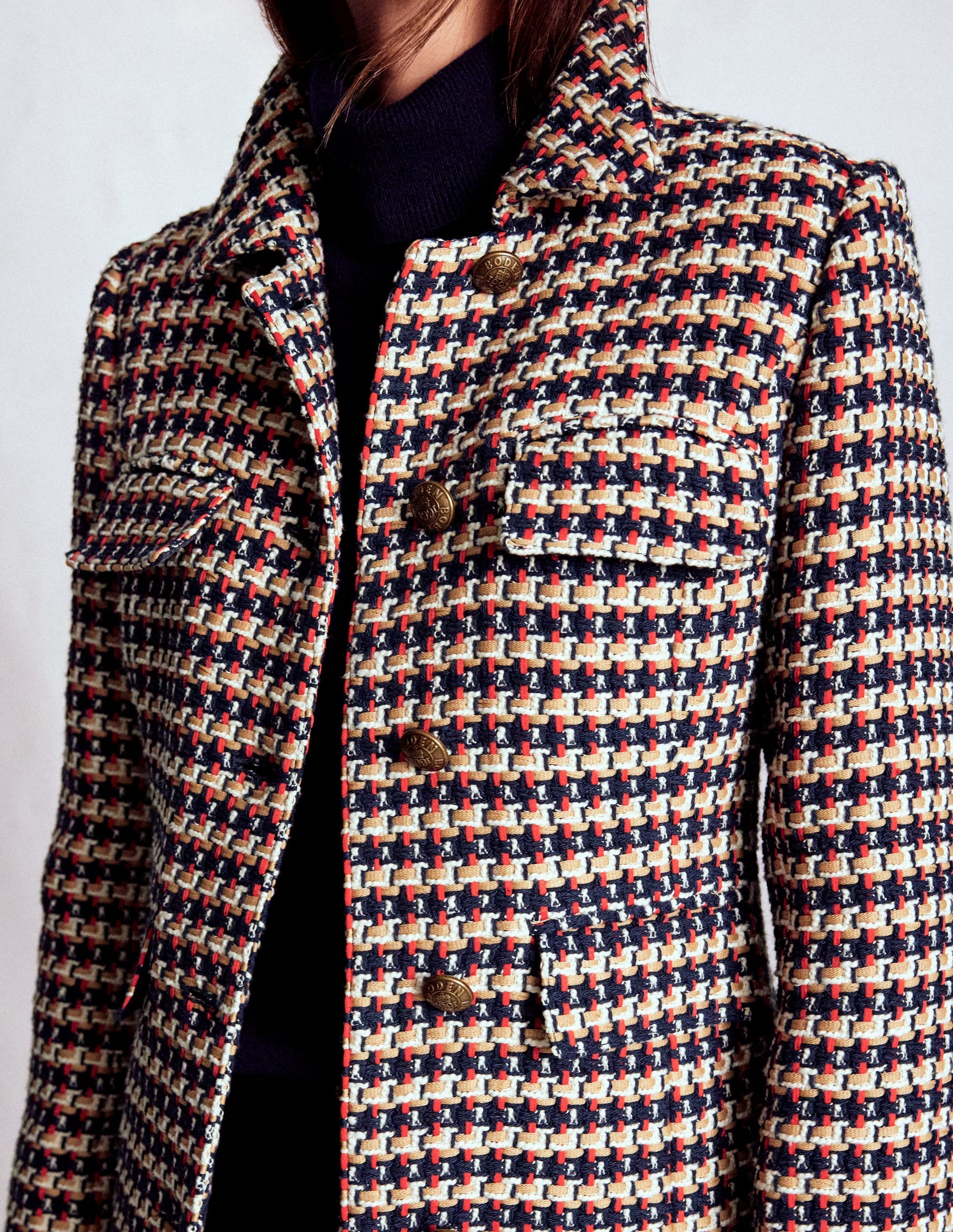 Pocket Detail Coat-Camel, Navy Red