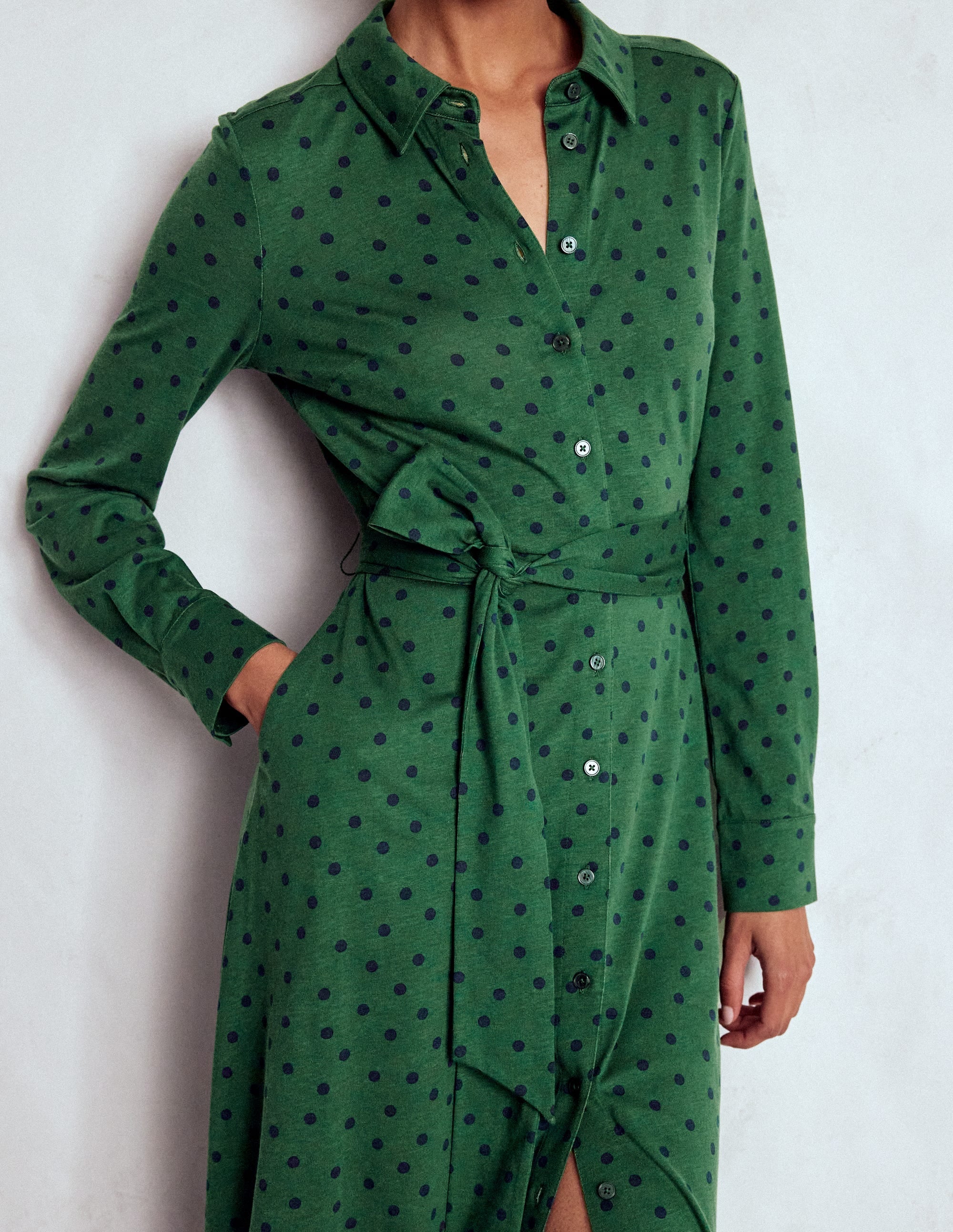 Marcia Jersey Shirt Dress-Dark Green, Painted Dot