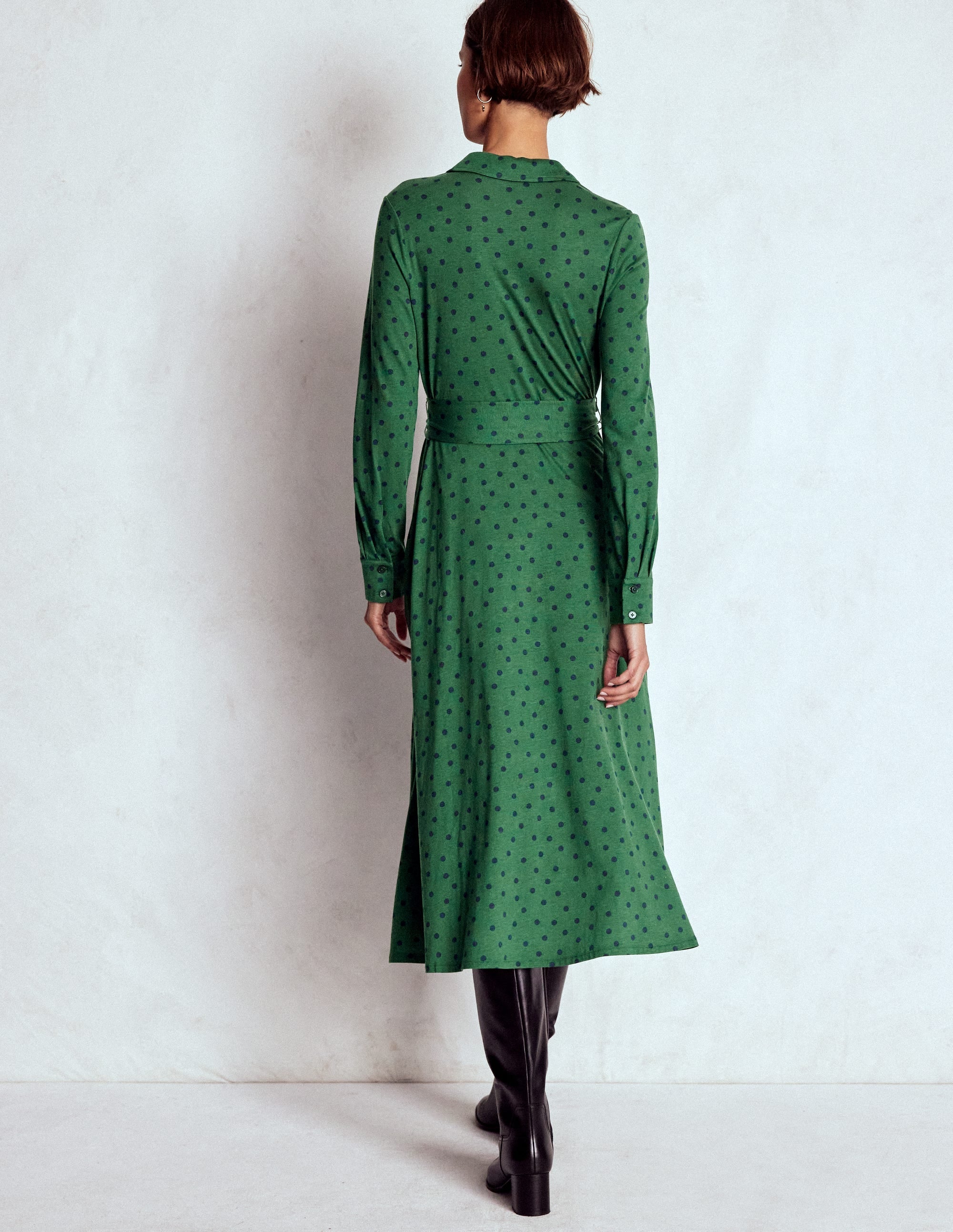 Marcia Jersey Shirt Dress-Dark Green, Painted Dot