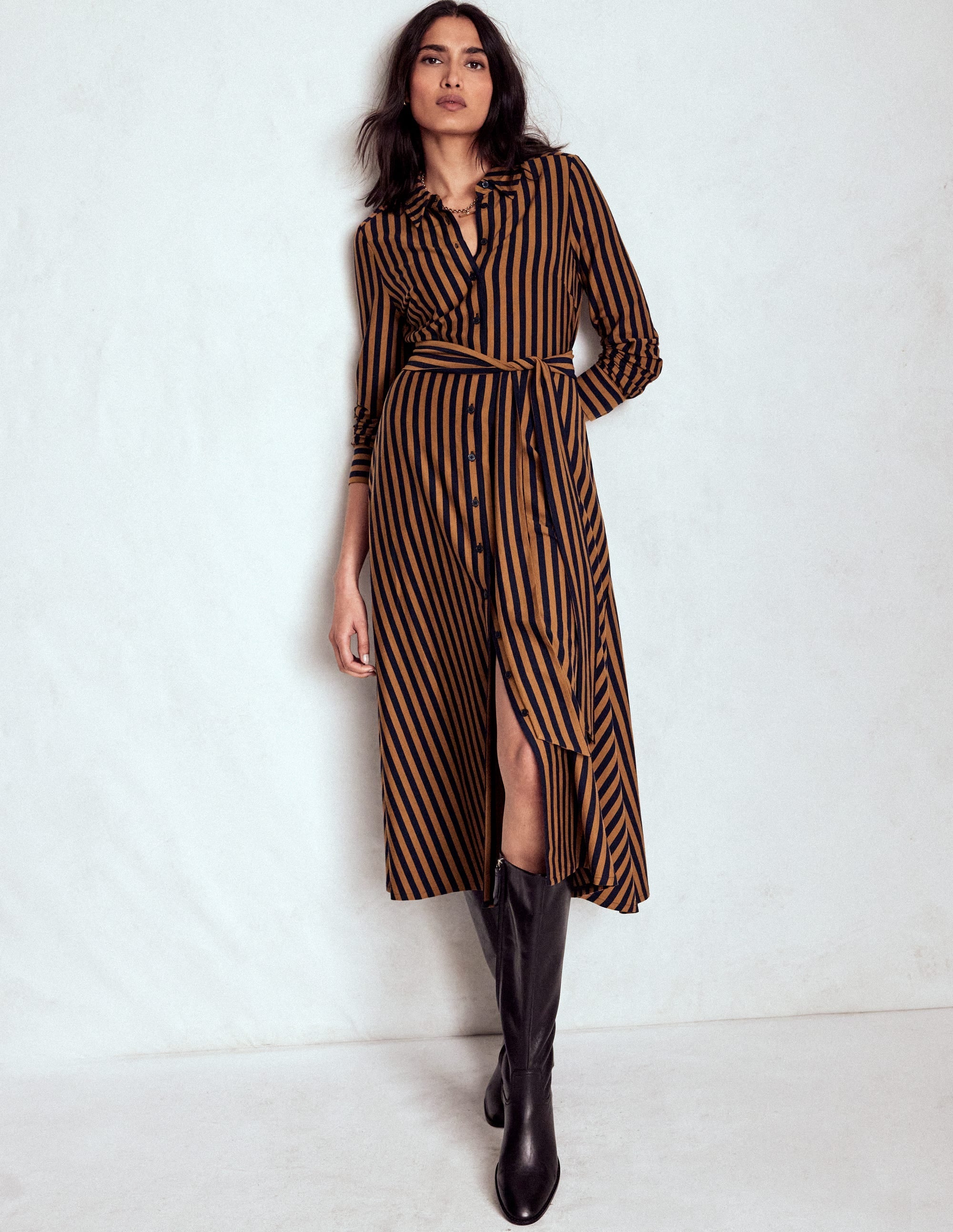 Marcia Jersey Shirt Dress-Gingerbread, Navy Stripe