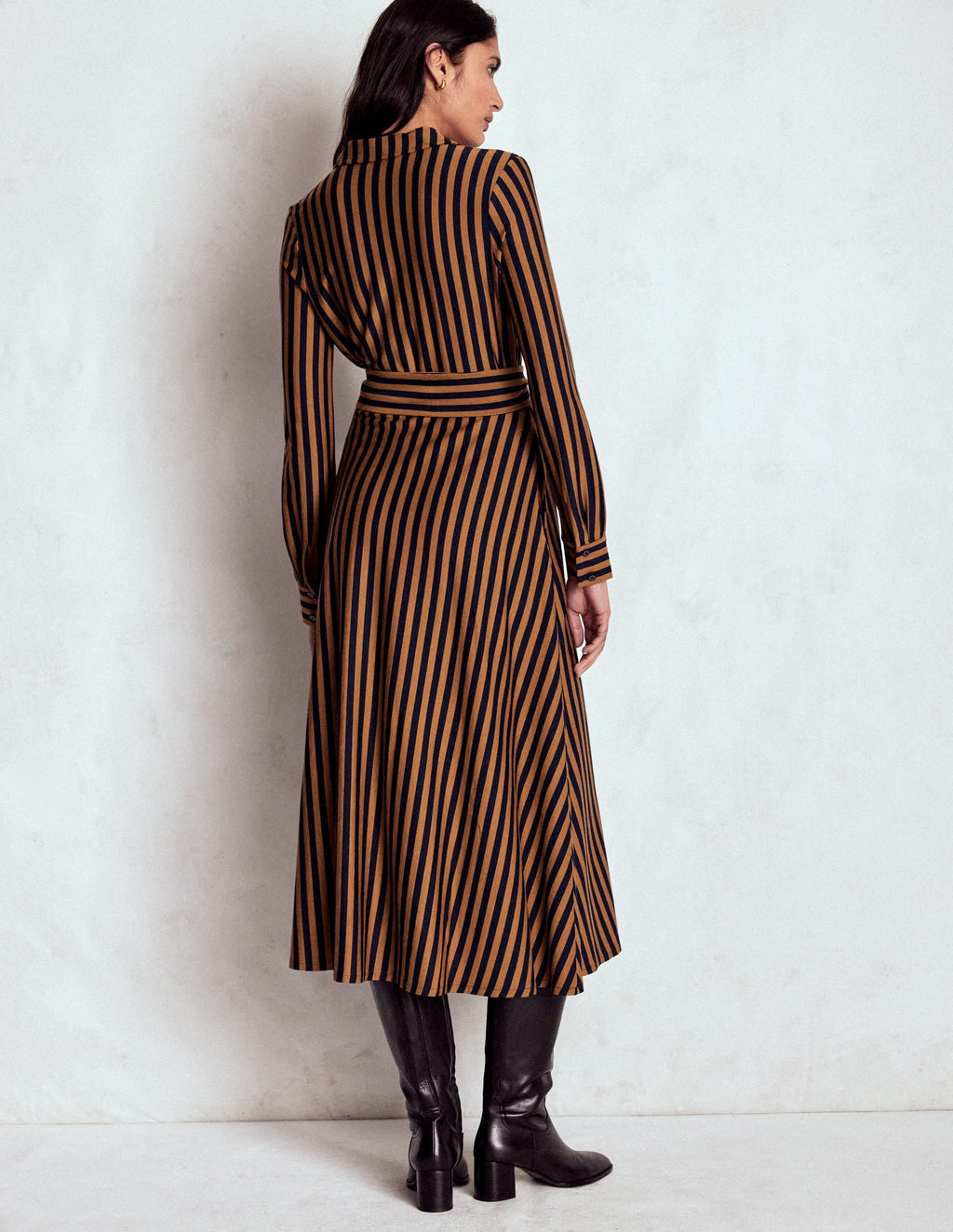 Marcia Jersey Shirt Dress-Gingerbread, Navy Stripe