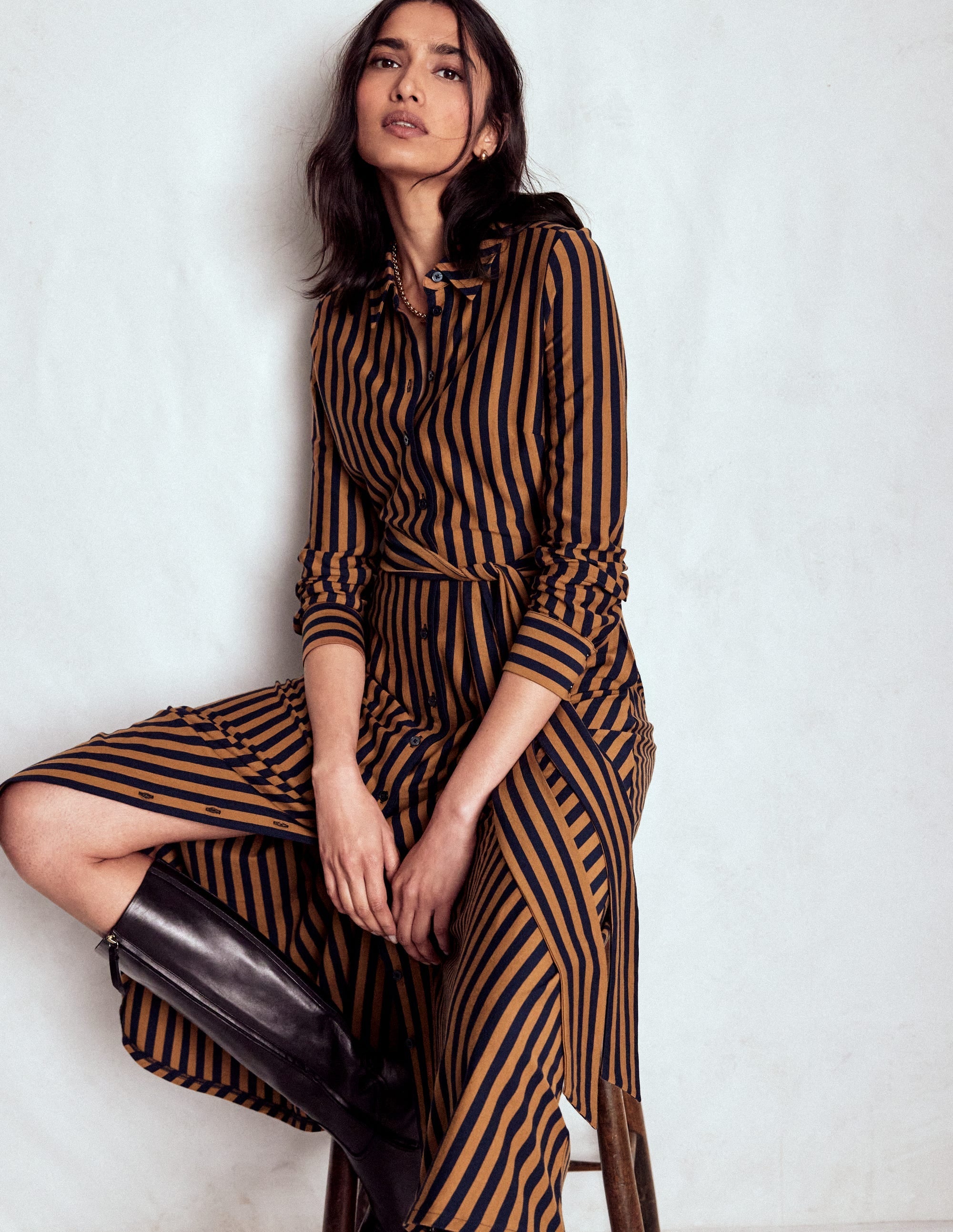 Marcia Jersey Shirt Dress-Gingerbread, Navy Stripe