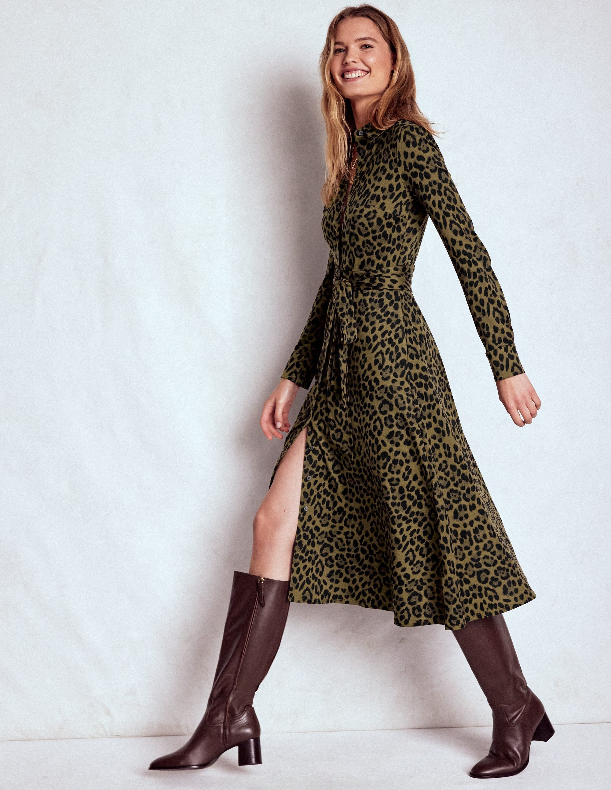 Marcia Jersey Shirt Dress-Military Olive, Brushed Animal