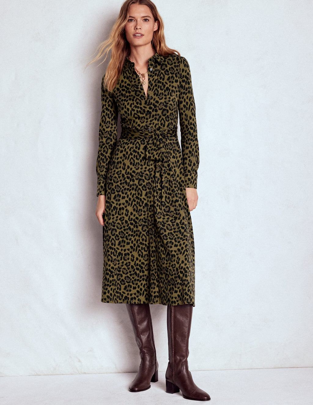 Marcia Jersey Shirt Dress-Military Olive, Brushed Animal
