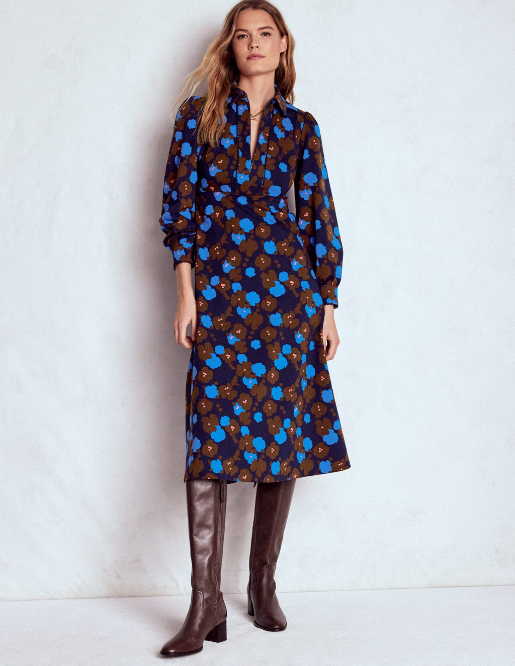 Pip Zip-Up Ponte Midi Dress-French Navy, Garden Blossom