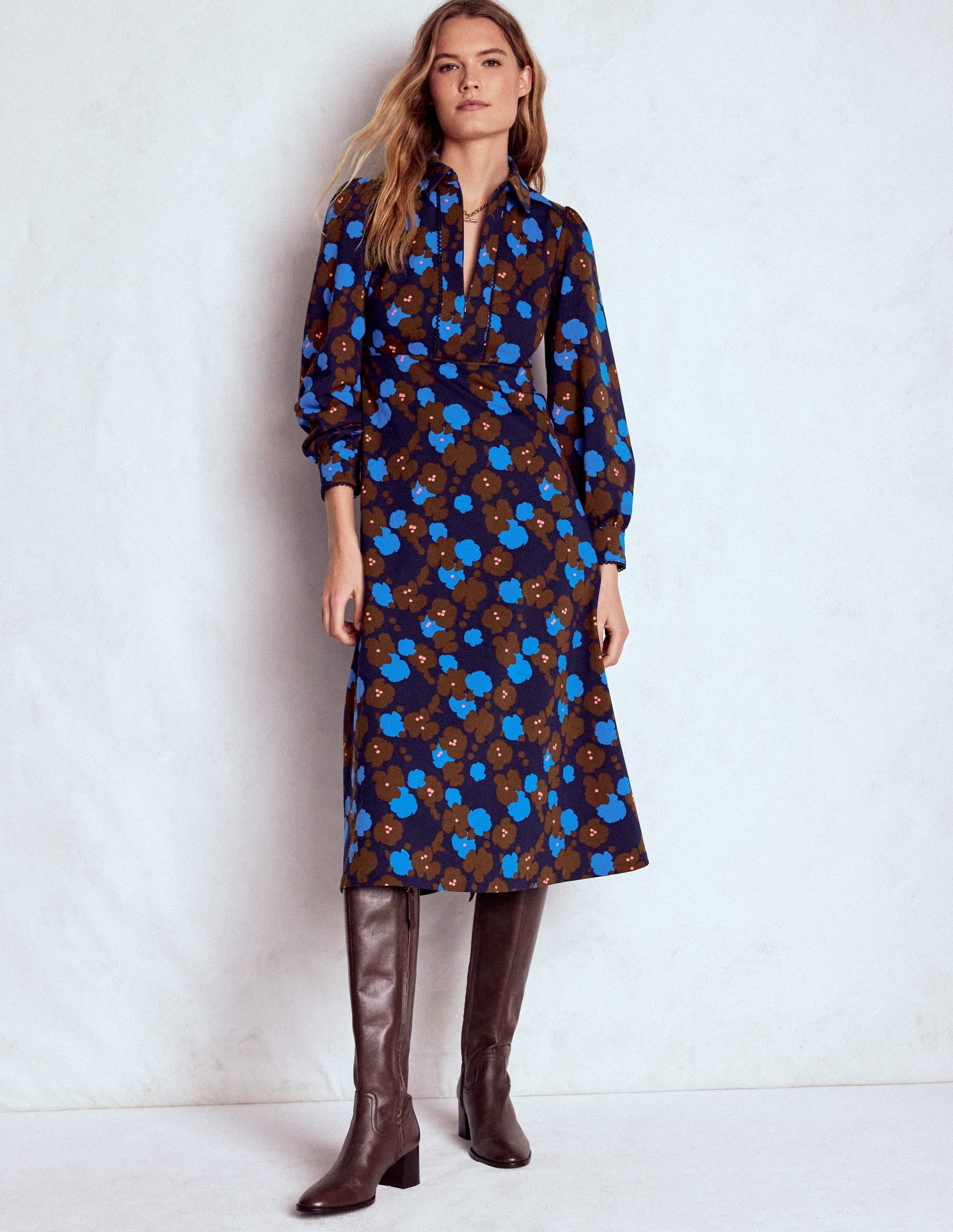 Pip Zip-Up Ponte Midi Dress-French Navy, Garden Blossom