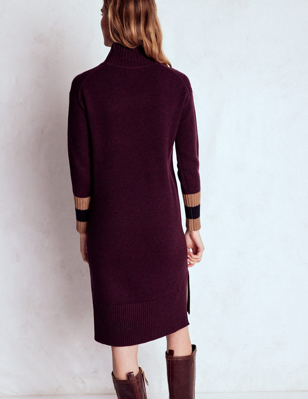 Merino Knitted Dress-Dark Cherry, Brown Stripe