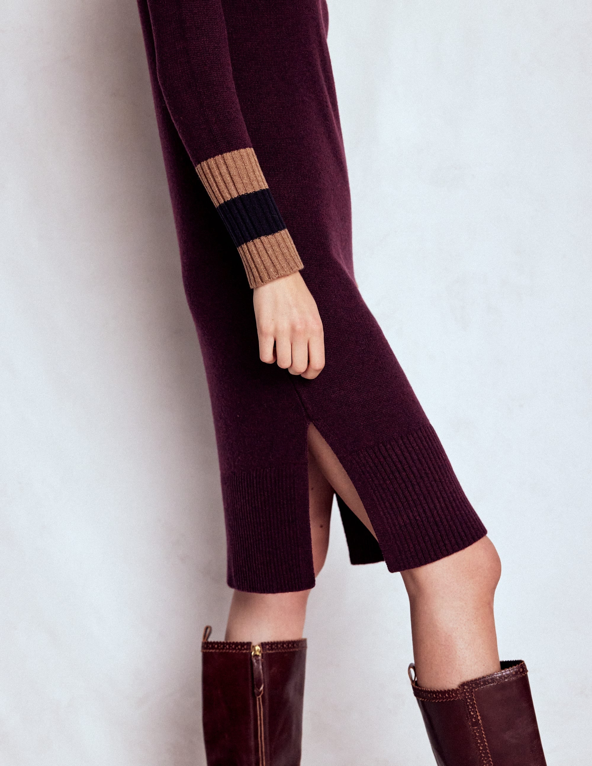 Merino Knitted Dress-Dark Cherry, Brown Stripe