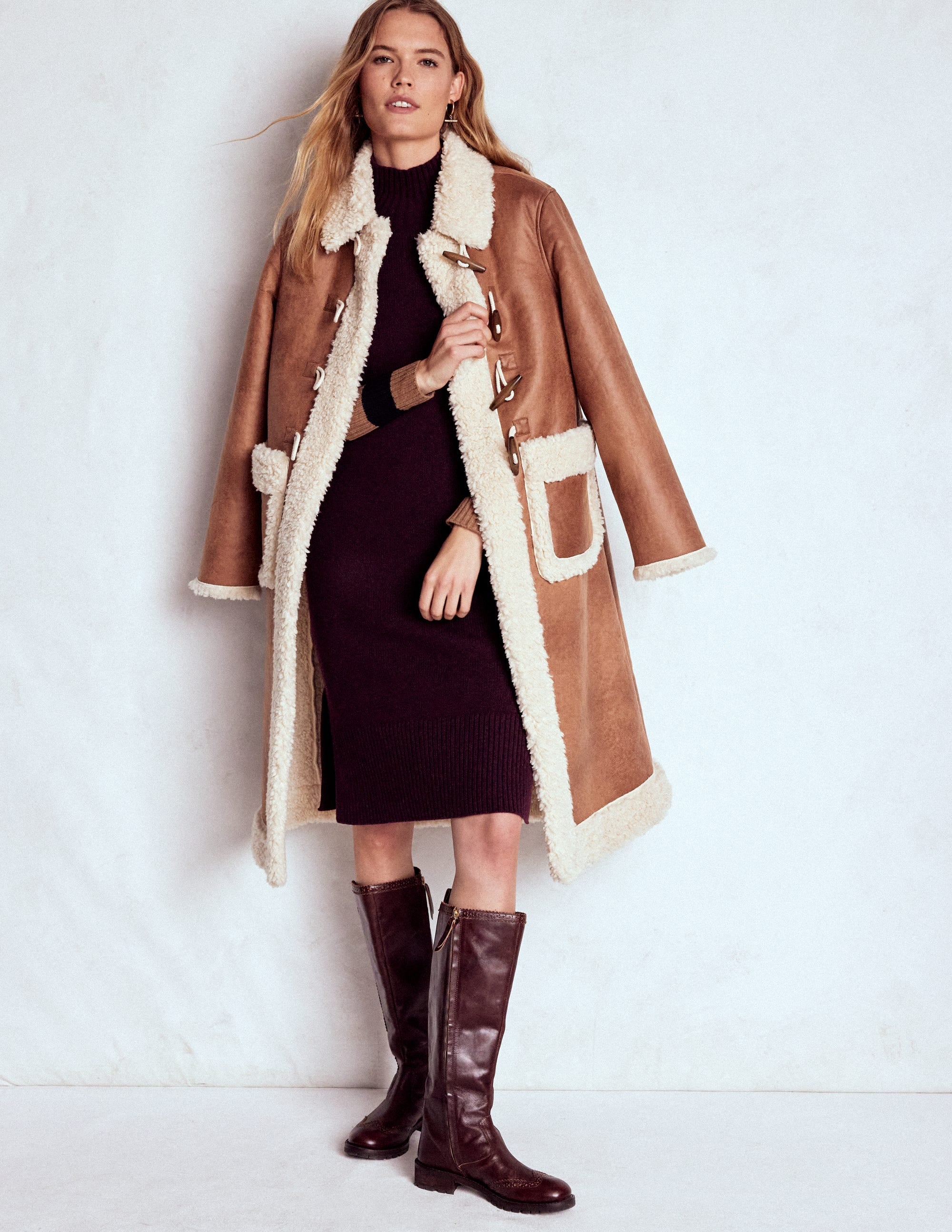 Merino Knitted Dress-Dark Cherry, Brown Stripe