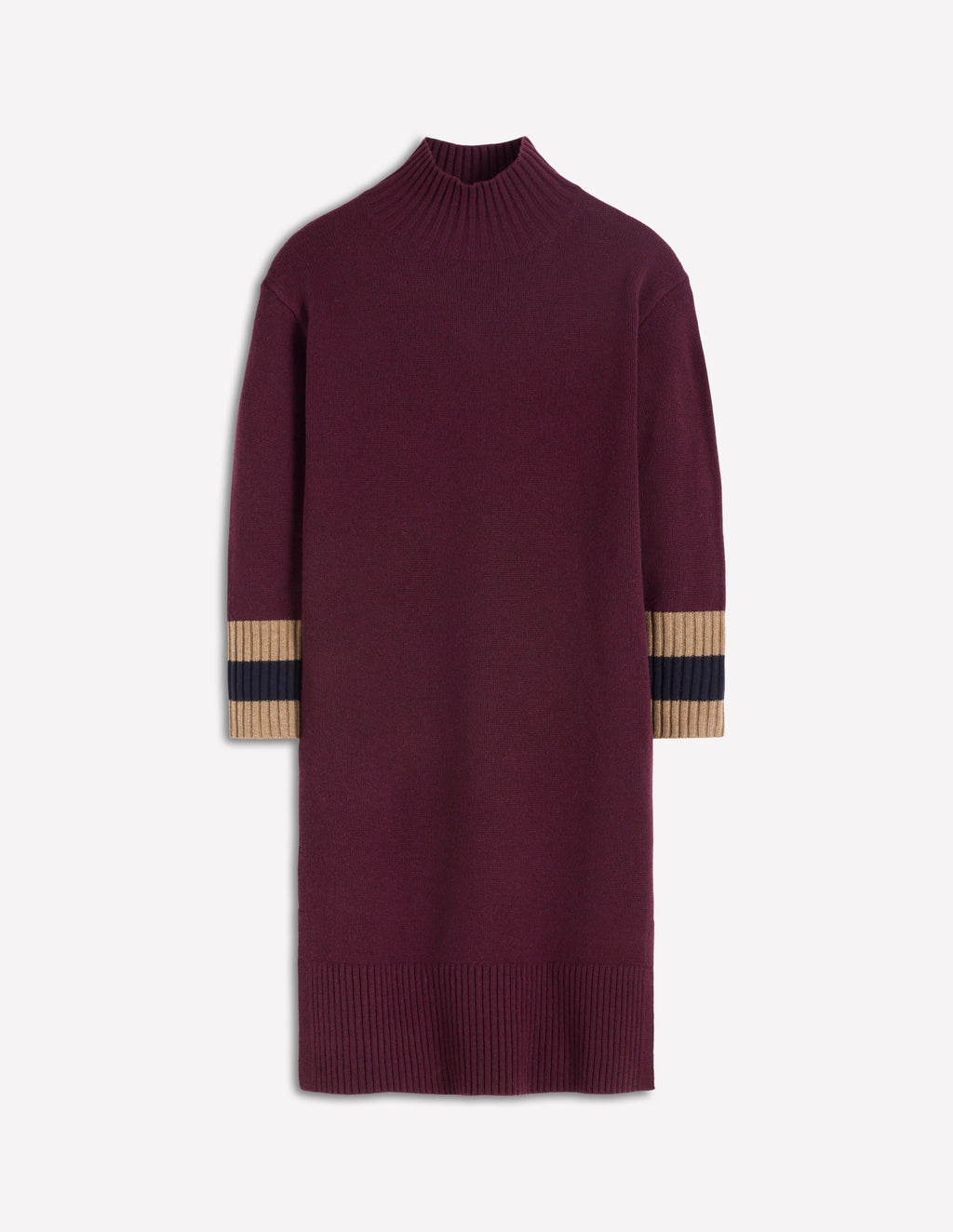 Merino Knitted Dress-Dark Cherry, Brown Stripe