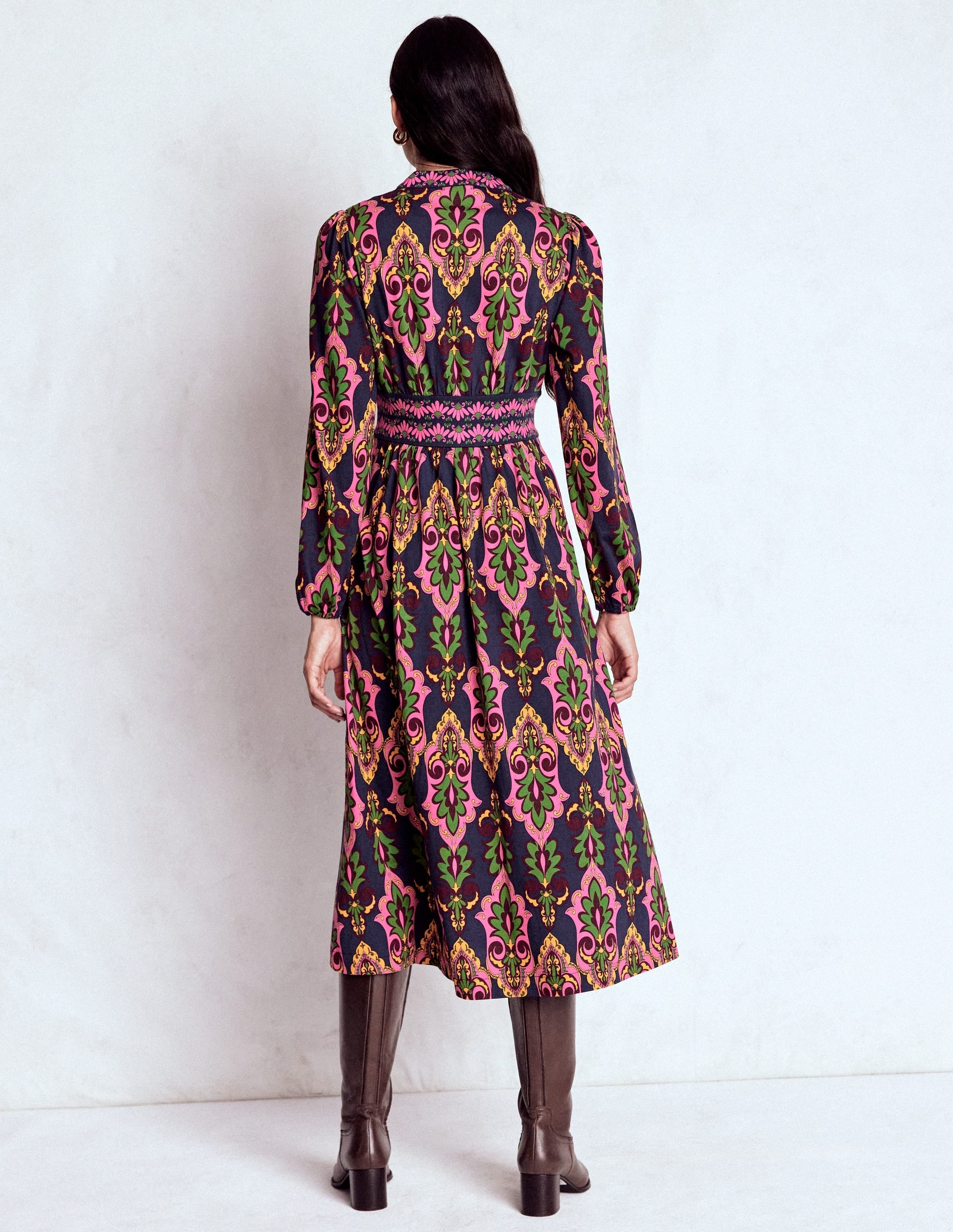 Natalia Long Sleeve Tea Dress-French Navy, Ornate Charm