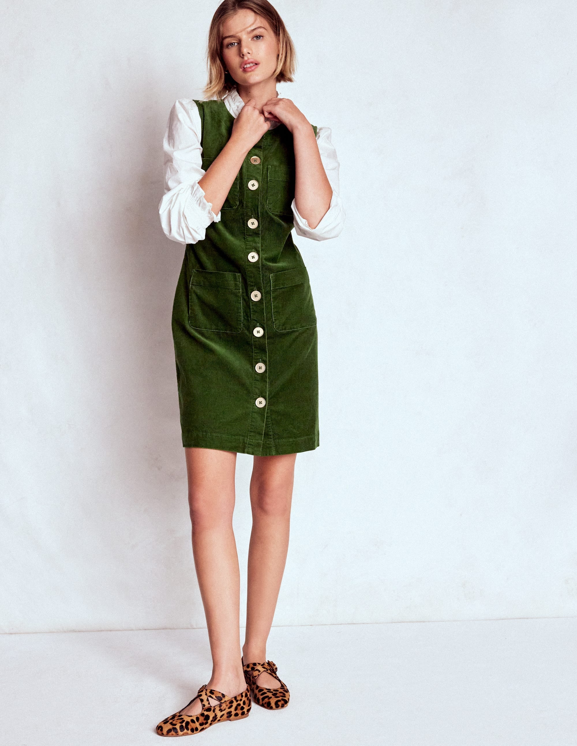 Evelyn Cord Shift Dress-Green Fir