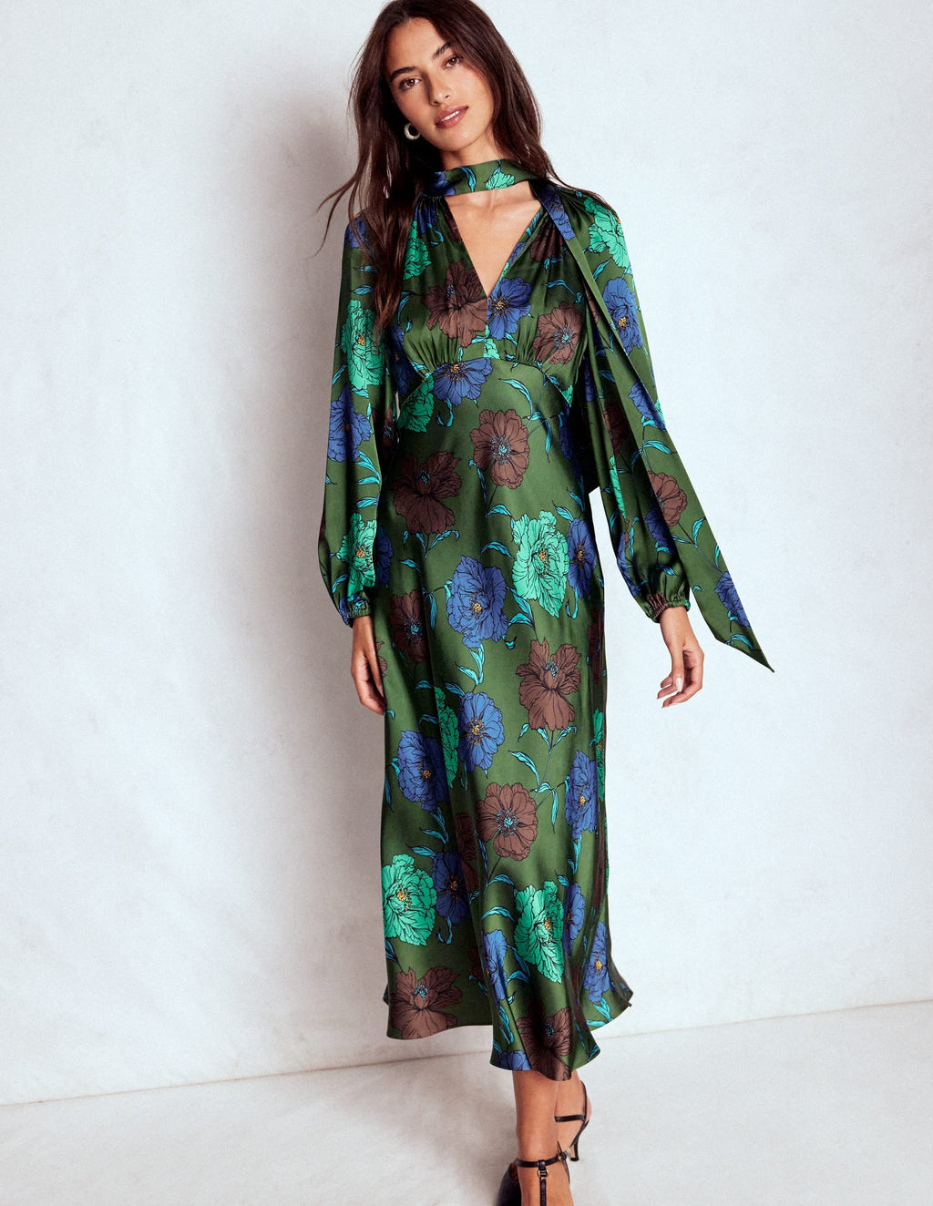 Tie Neck Satin Midi Dress-Green Fir, Peony Bloom