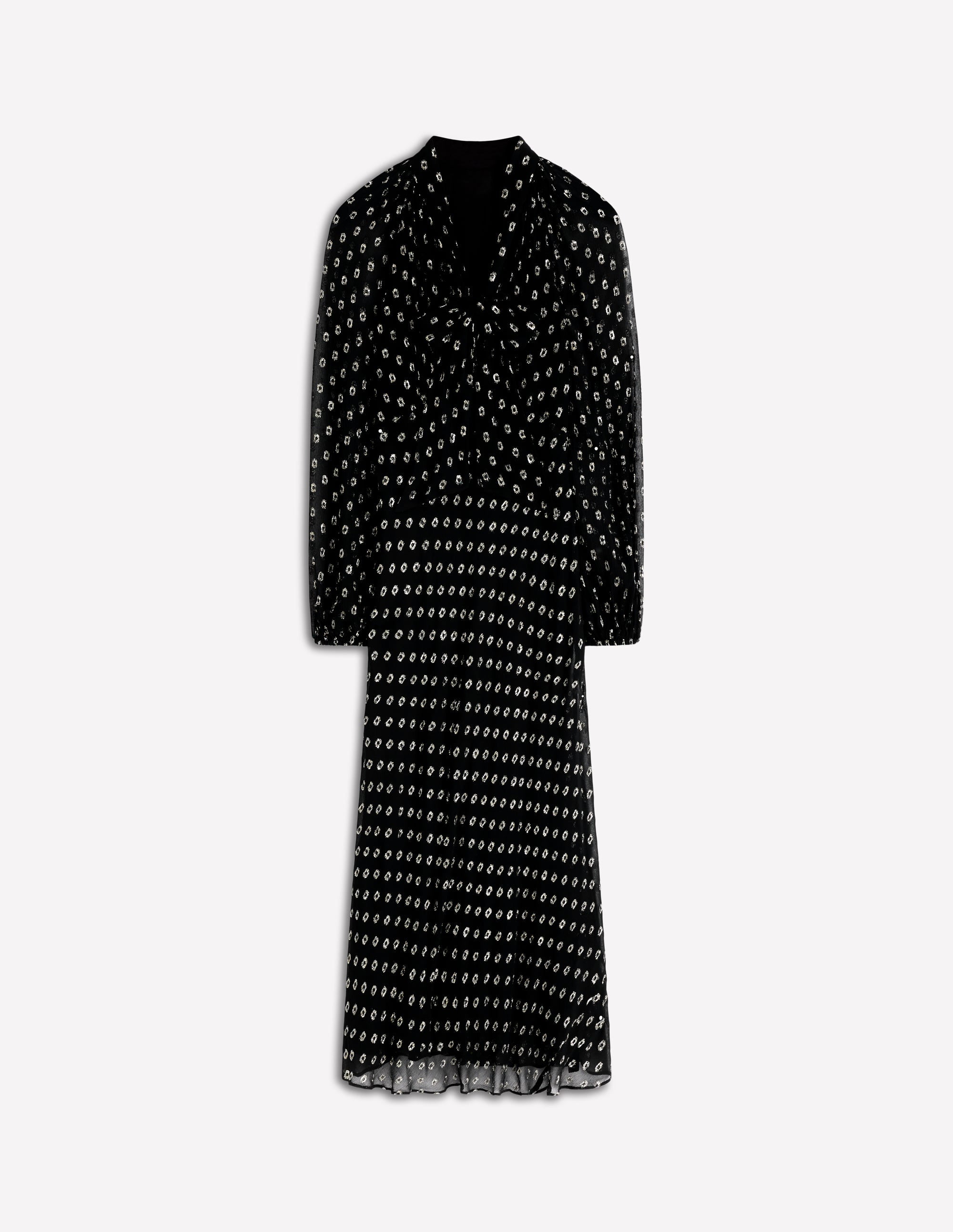 Tie Neck Midi Dress-Black and Silver Clip