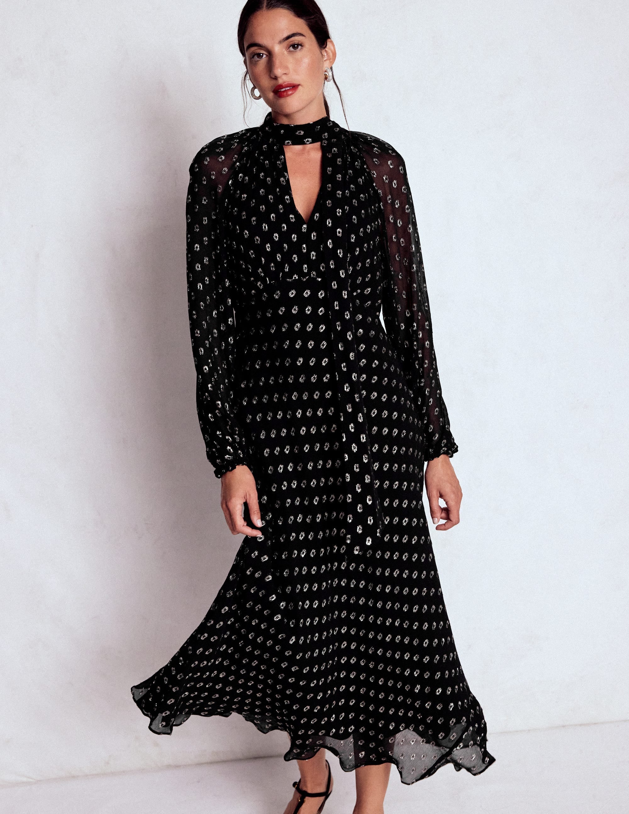 Tie Neck Midi Dress-Black and Silver Clip