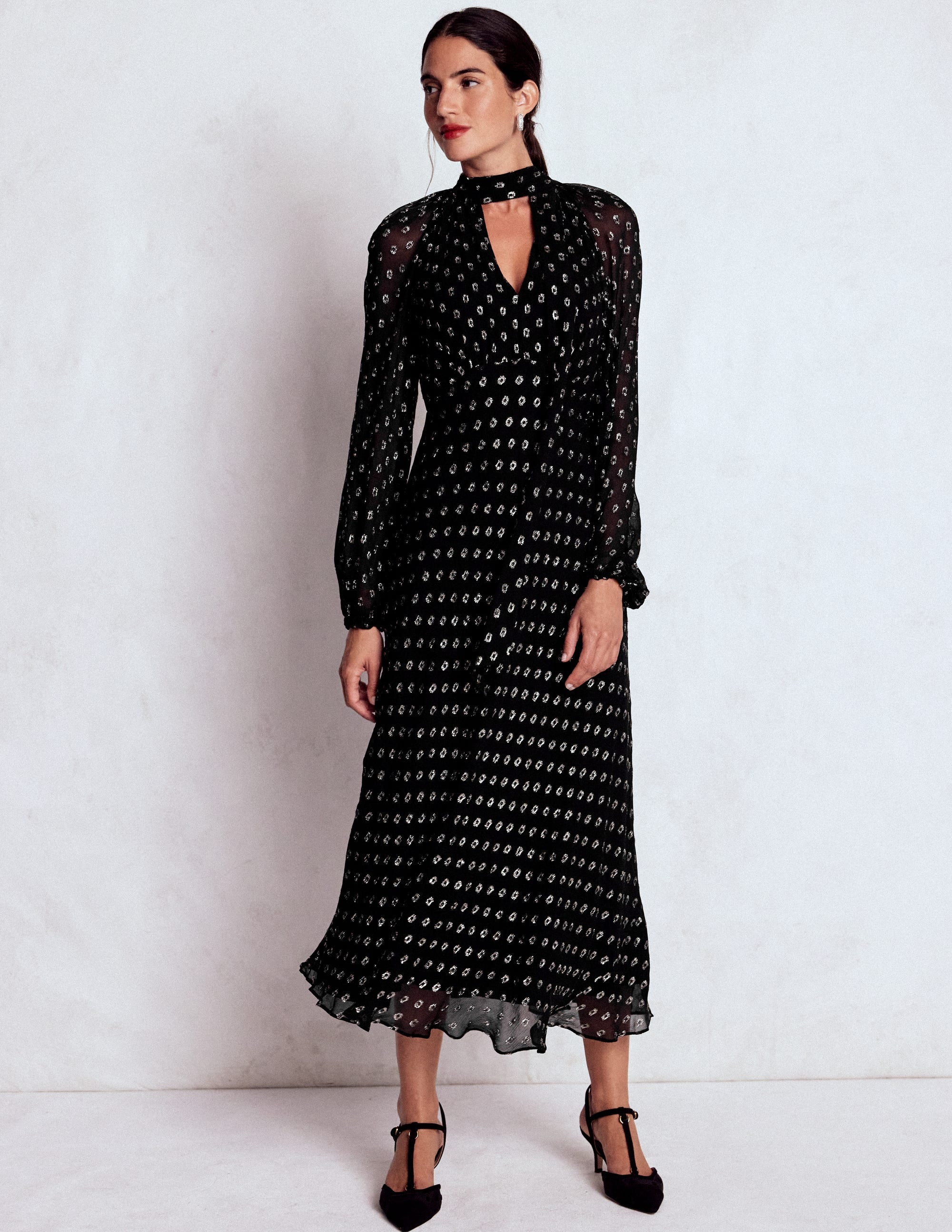 Tie Neck Midi Dress-Black and Silver Clip