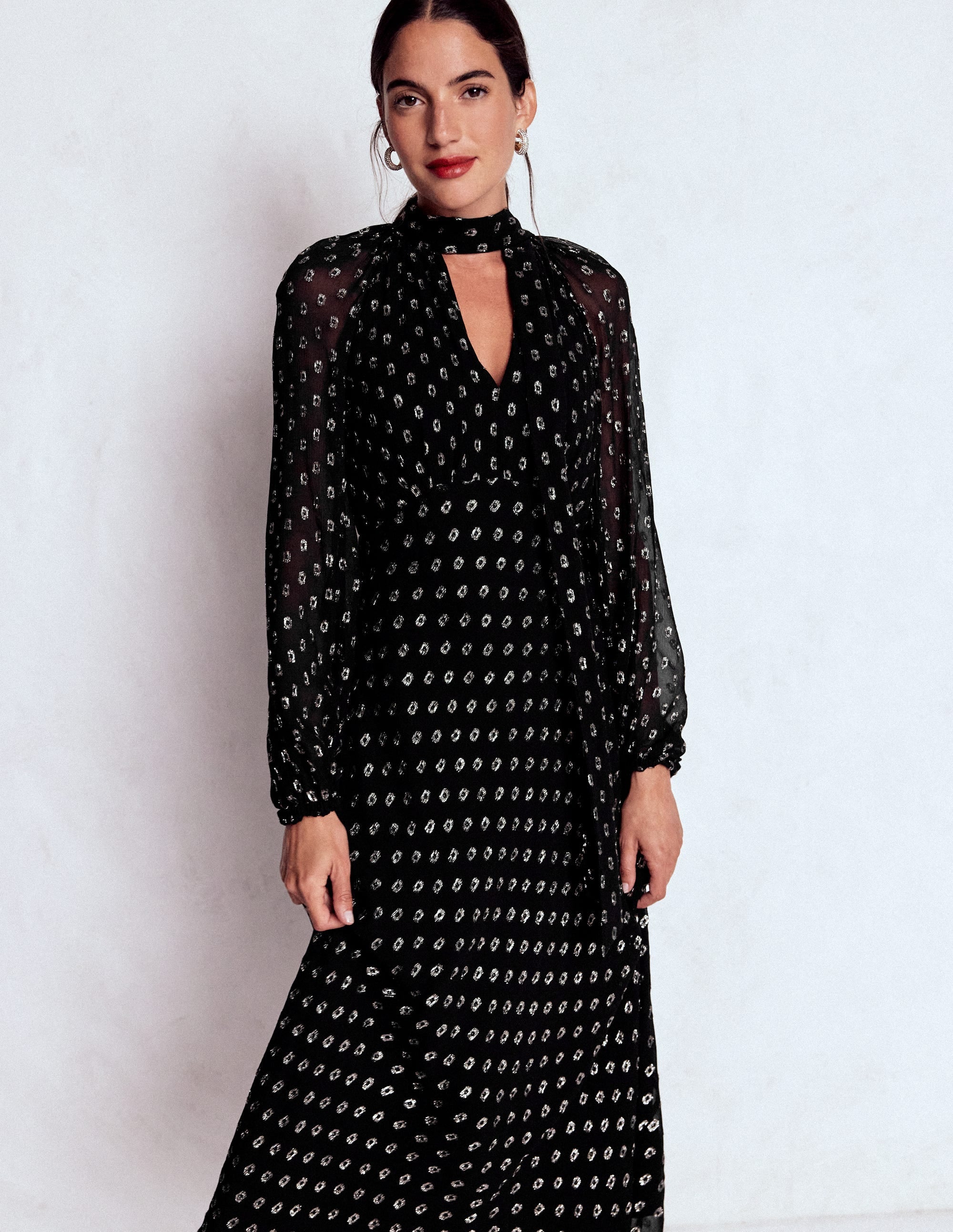 Tie Neck Midi Dress-Black and Silver Clip