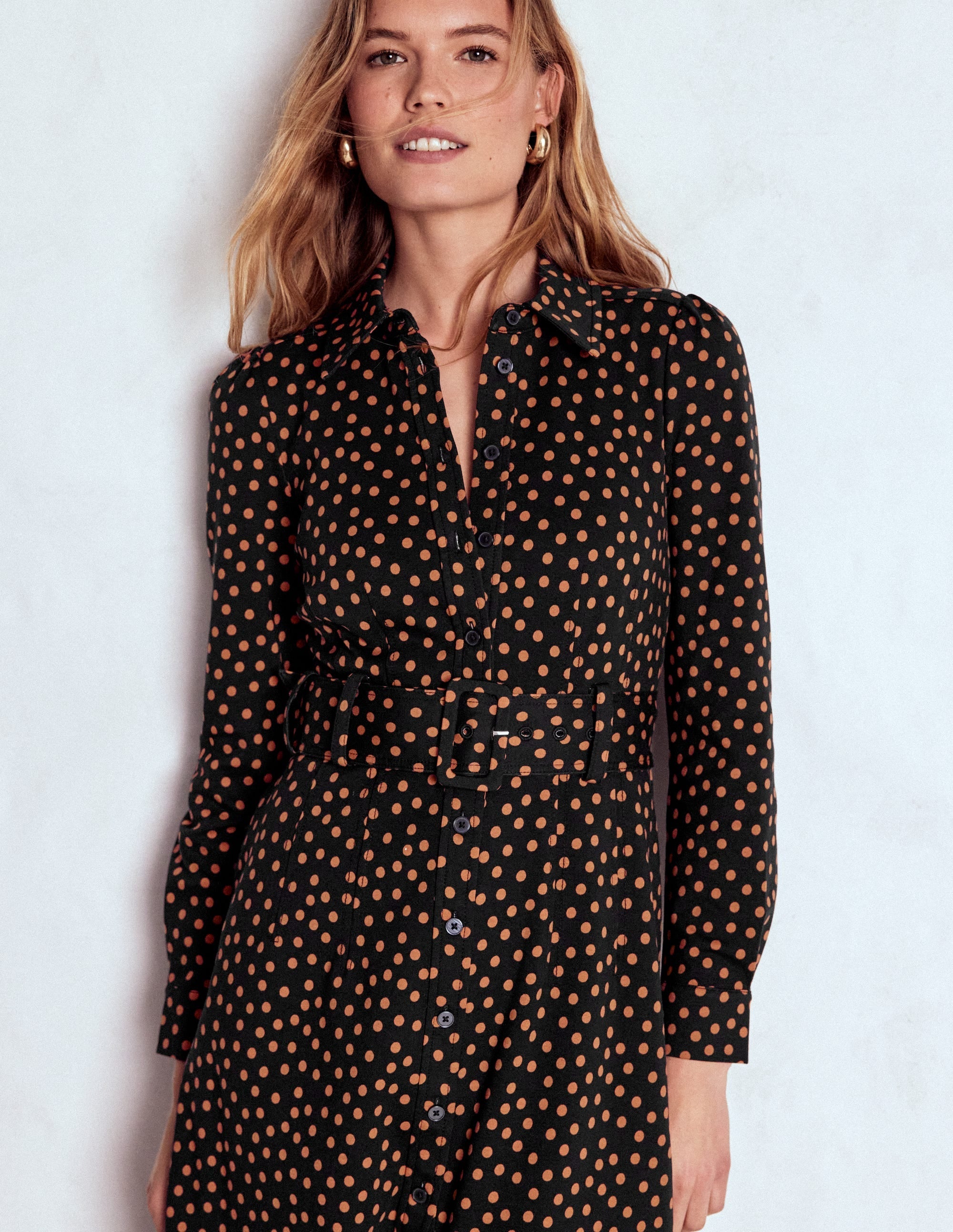 Anita Long Sleeve Shirt Dress-Black, Painted Dot