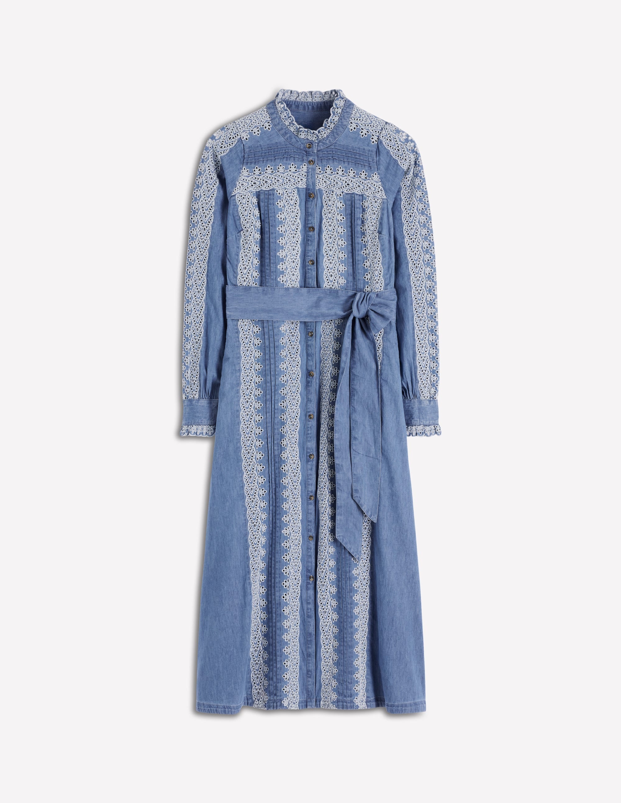 Ruffle Placket Chambray Dress-Light Blue Chambray