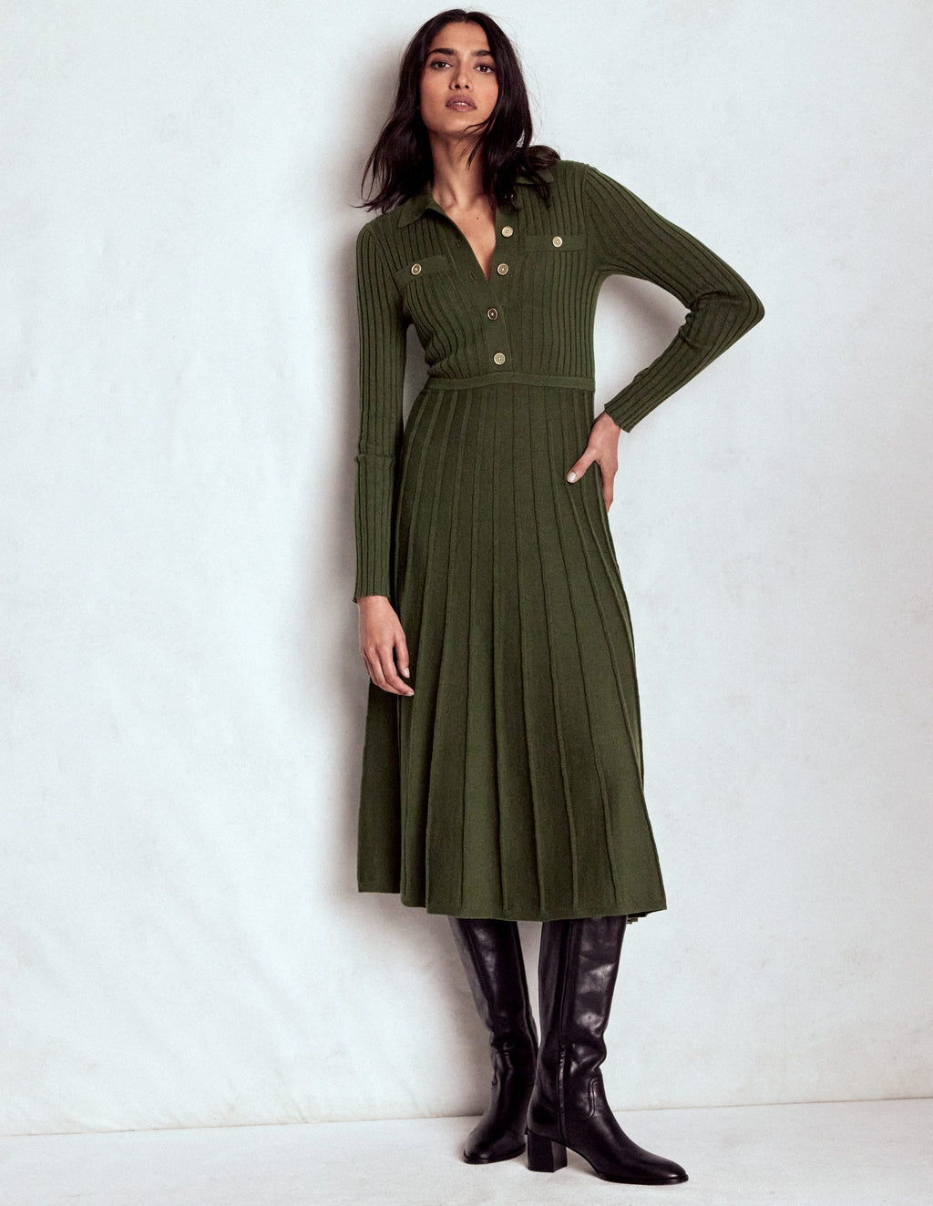 Brönte Knitted Rib Shirt Dress-Woodland Green