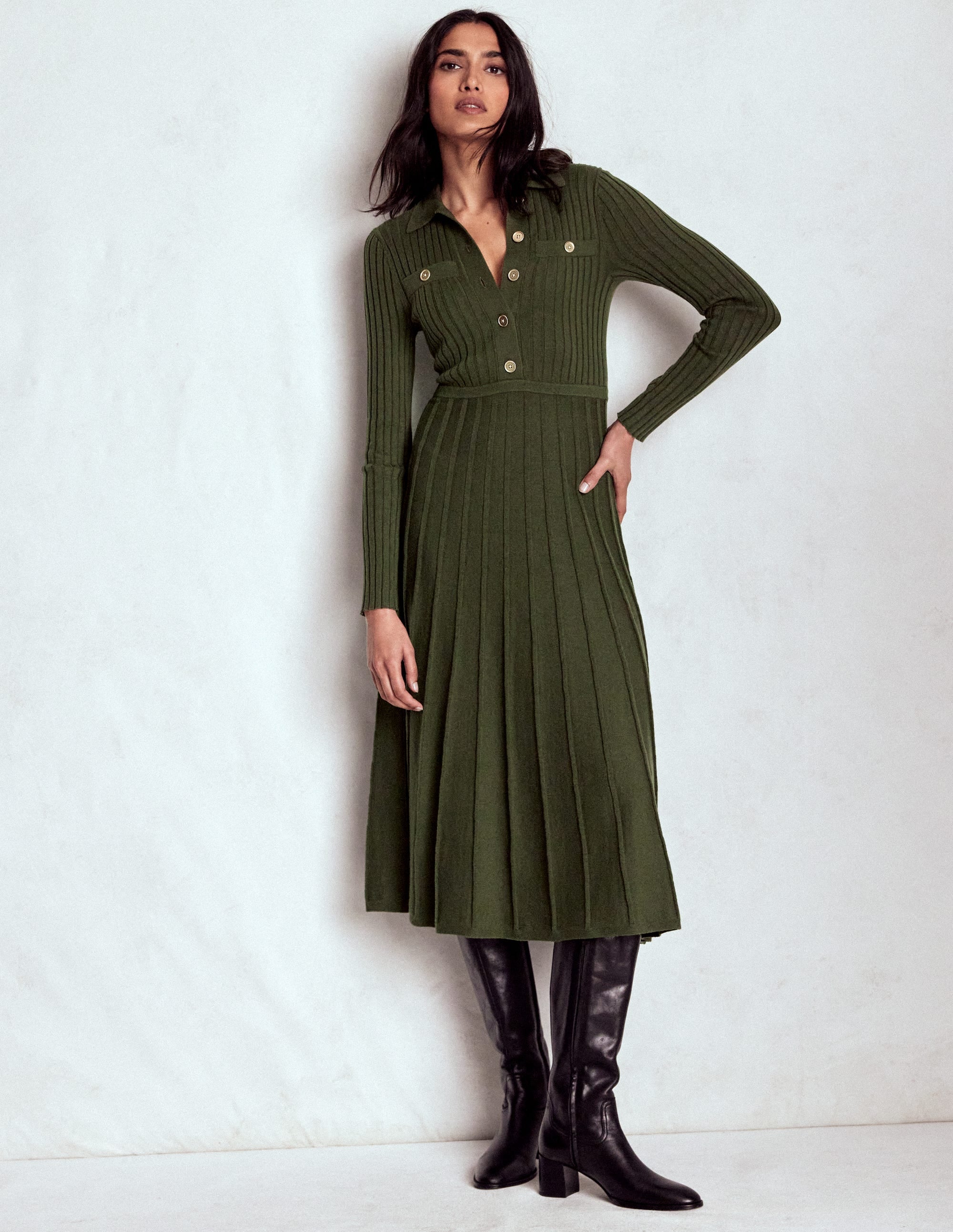 Brönte Knitted Rib Shirt Dress-Woodland Green