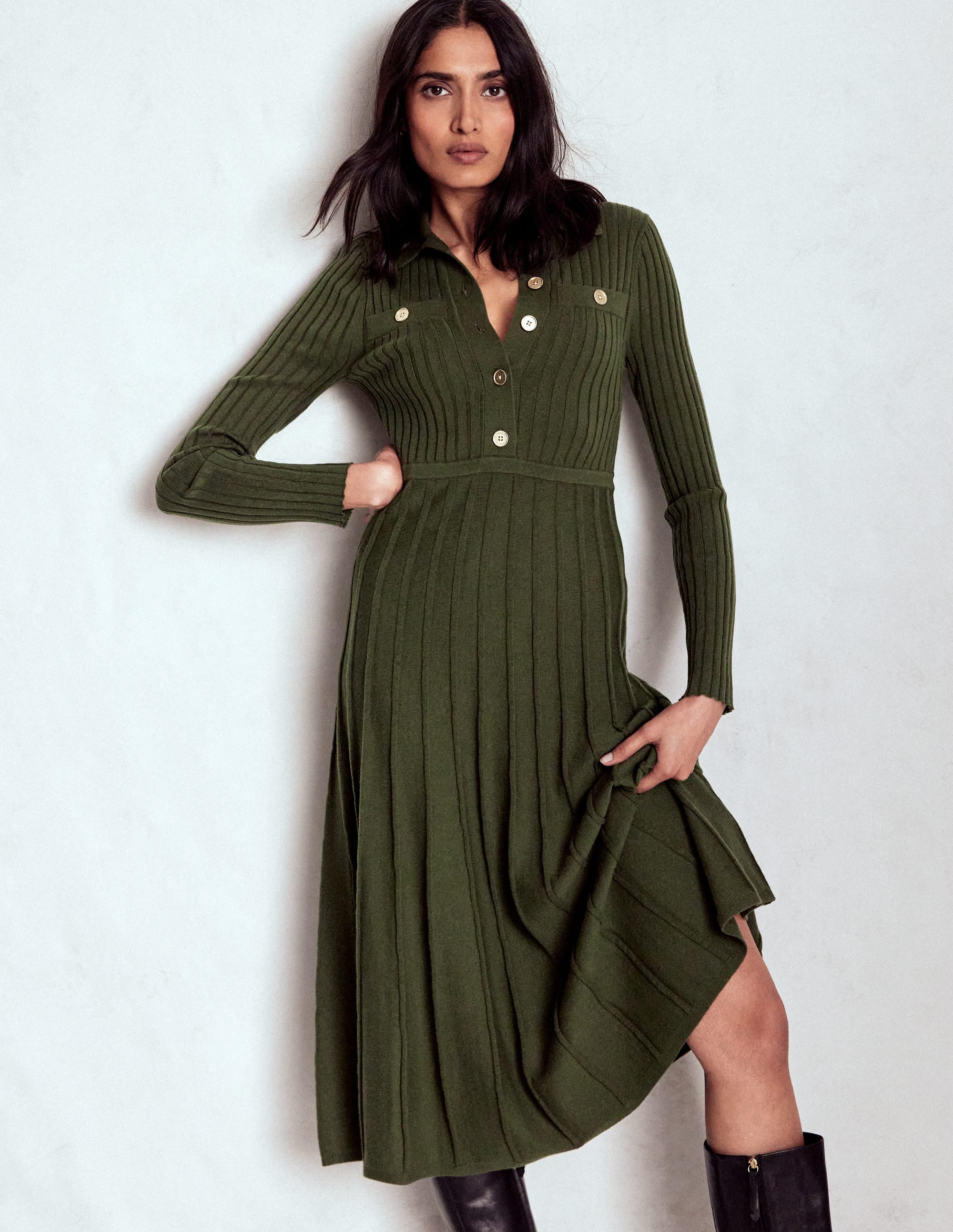 Brönte Knitted Rib Shirt Dress-Woodland Green