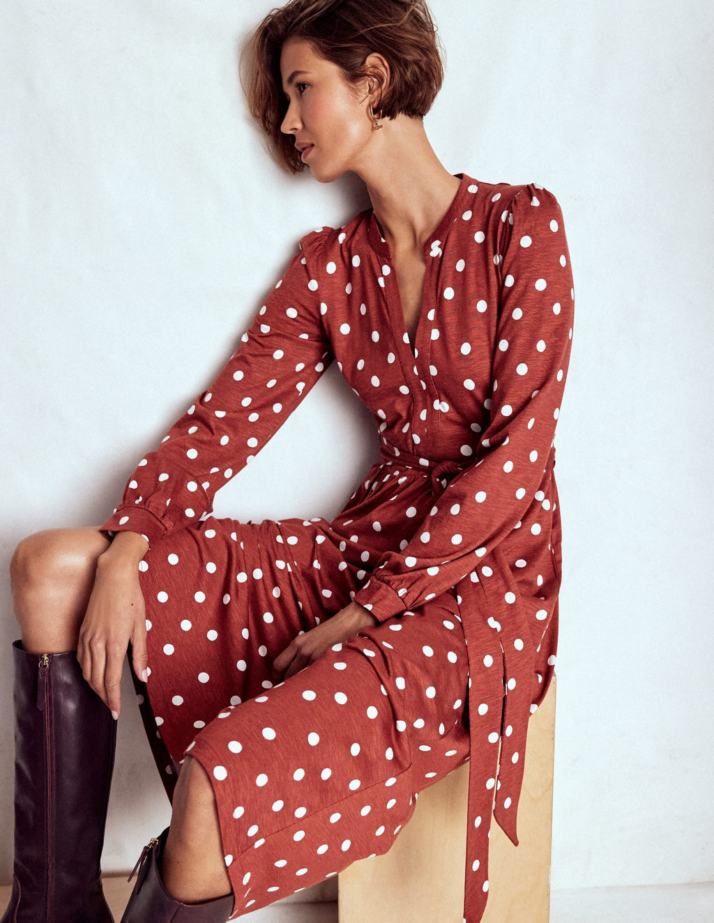 Naomi Long Sleeve Midi-Burnt Orange, Painted Dot