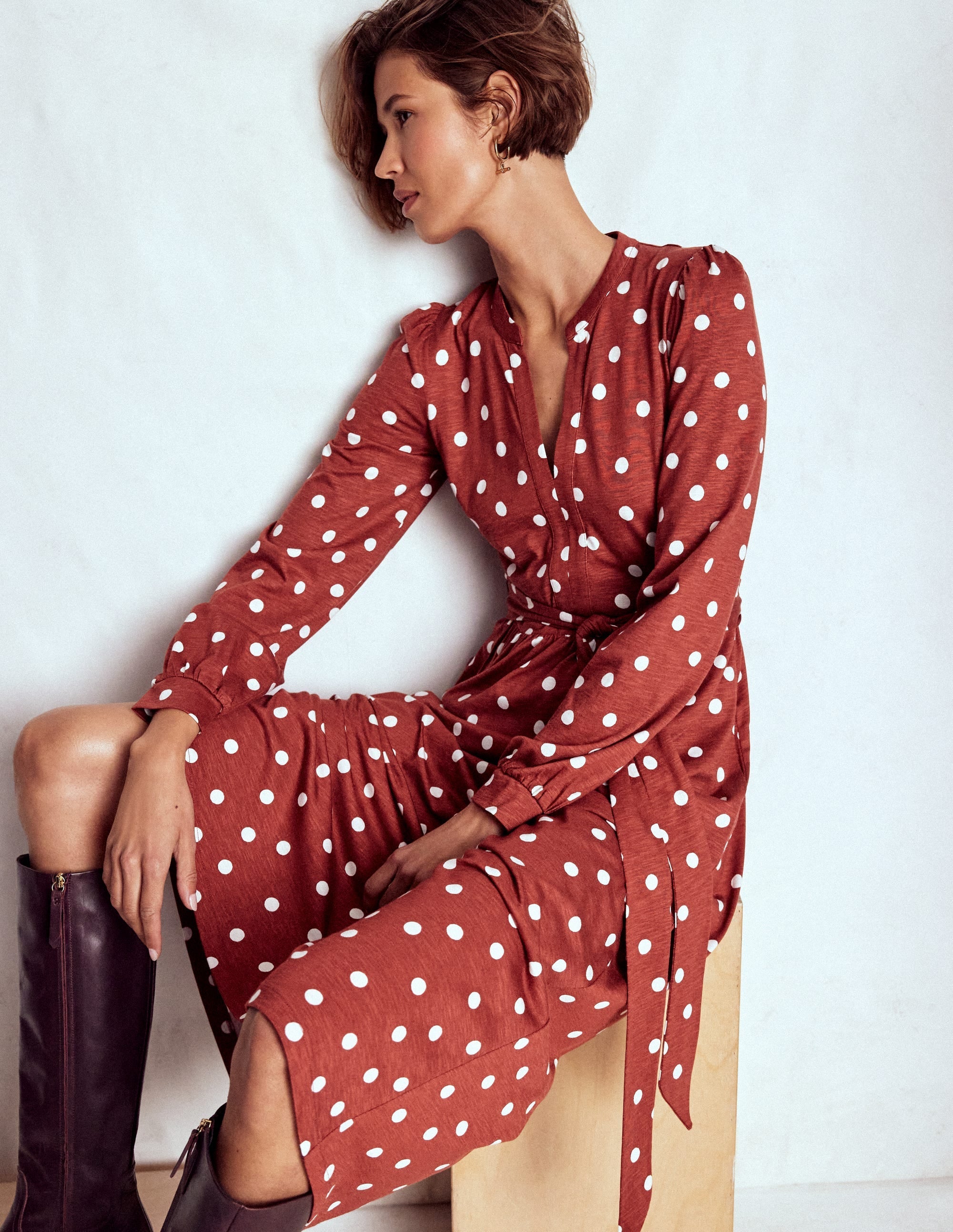Naomi Long Sleeve Midi-Burnt Orange, Painted Dot