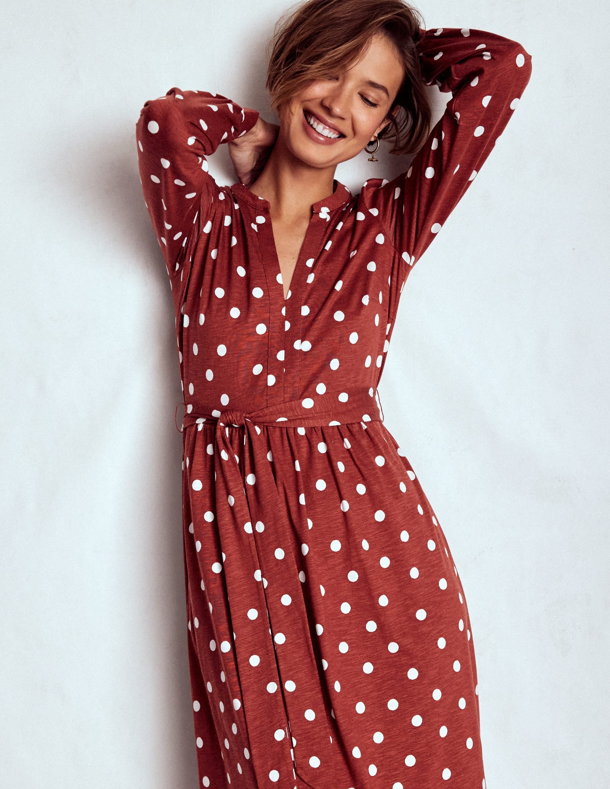 Naomi Long Sleeve Midi-Burnt Orange, Painted Dot