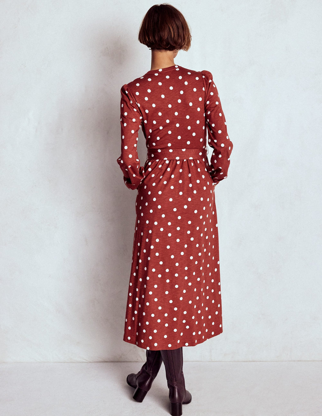 Naomi Long Sleeve Midi-Burnt Orange, Painted Dot