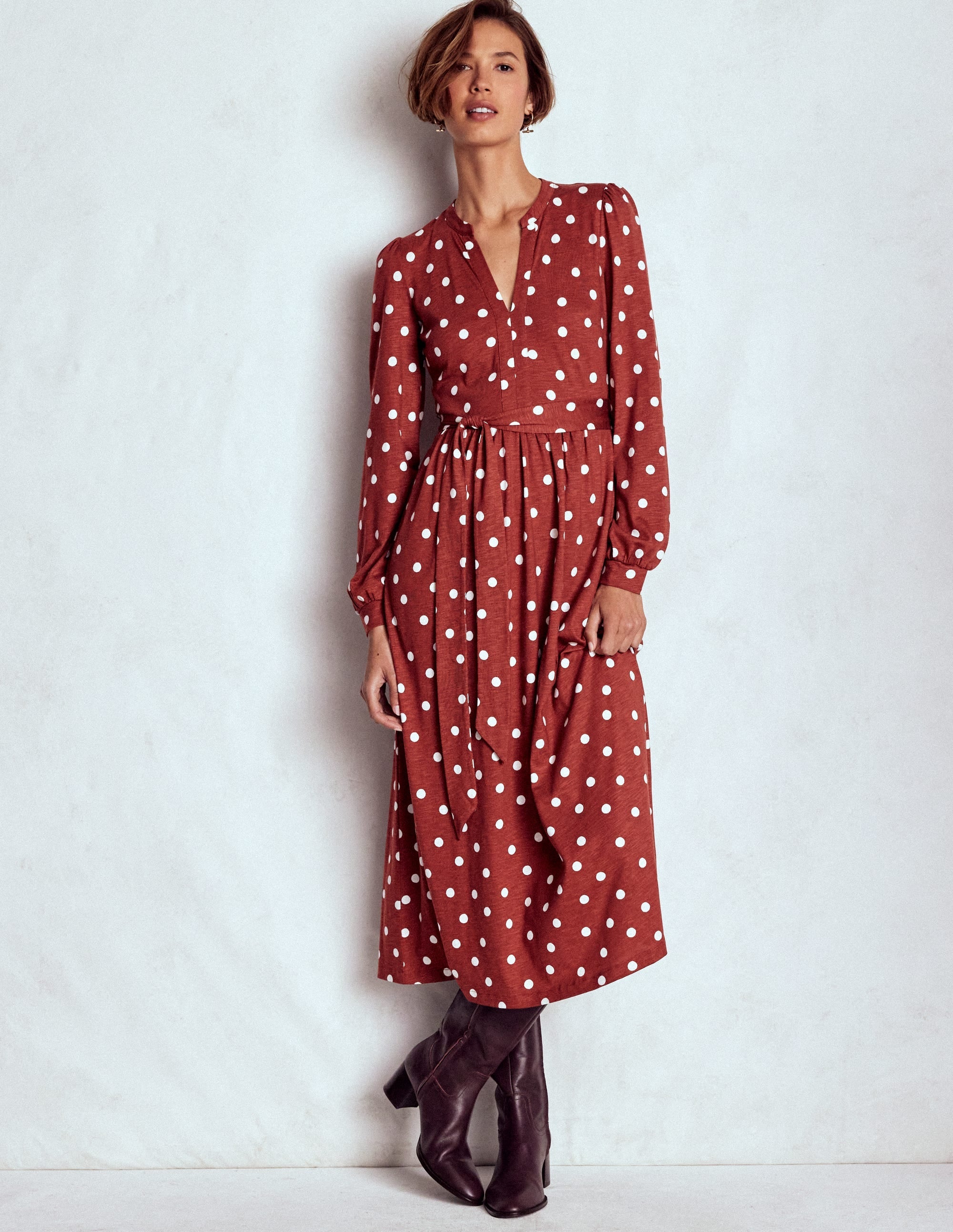 Naomi Long Sleeve Midi-Burnt Orange, Painted Dot