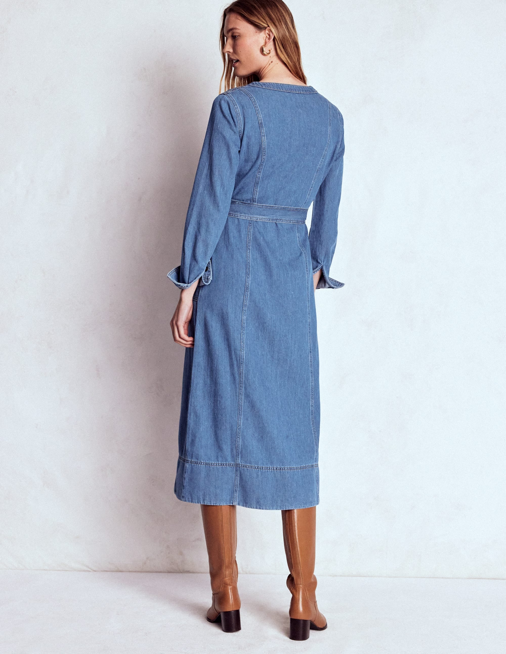 Zip Denim Straight Dress-Mid Vintage Denim