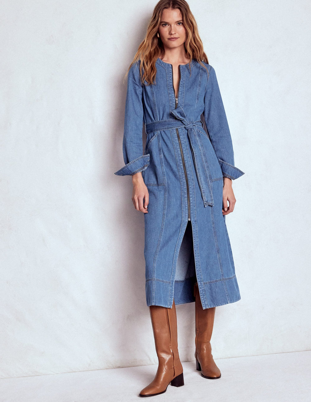 Zip Denim Straight Dress-Mid Vintage Denim