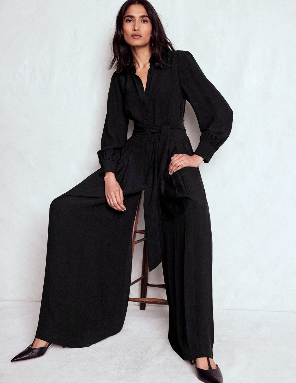 Button Up Palazzo Jumpsuit-Black