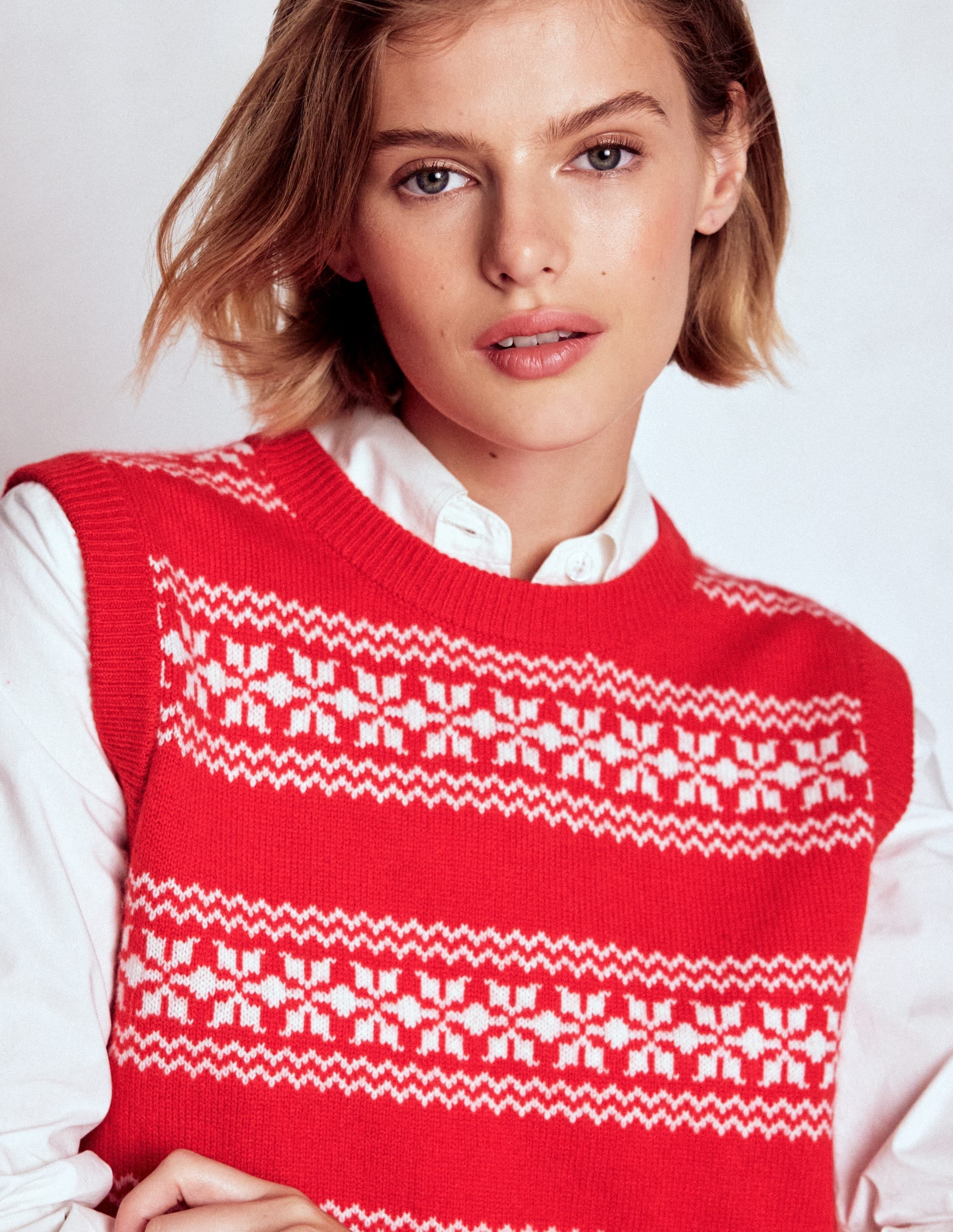 Edie Fair Isle Vest-Poppy Red, Warm Ivory