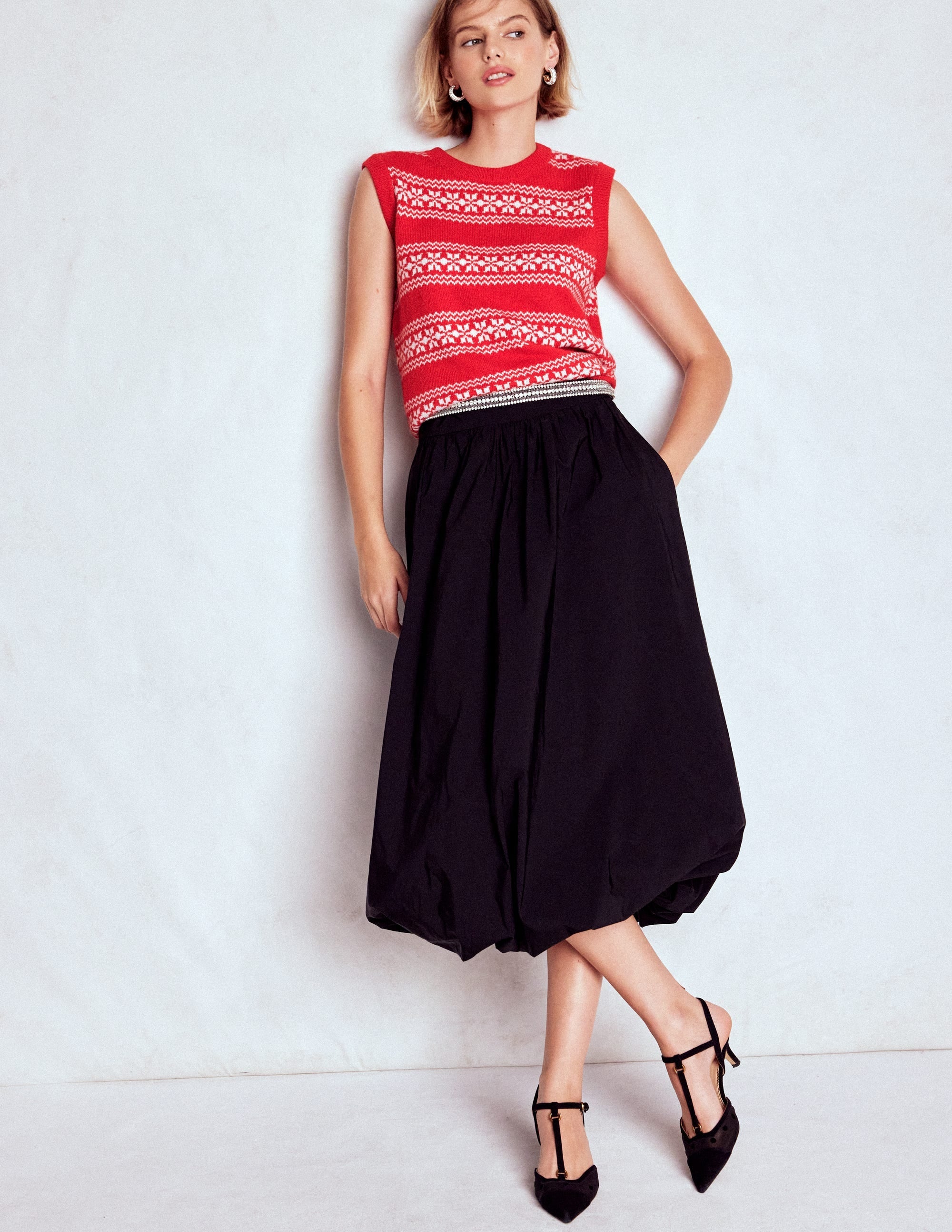 Edie Fair Isle Vest-Poppy Red, Warm Ivory