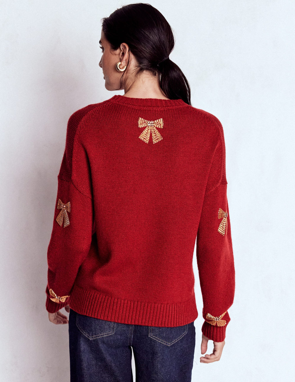 Natalie Embroidered Sweater-Red, Embellished Bows