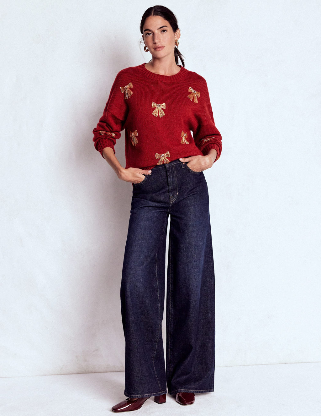 Natalie Embroidered Sweater-Red, Embellished Bows