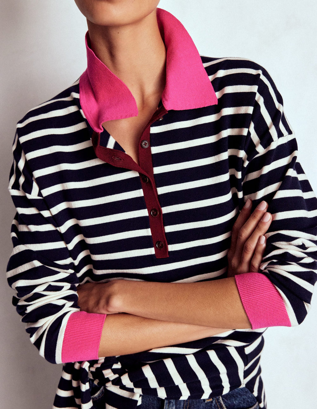 Lara Cotton Henley Jumper-Navy Stripe