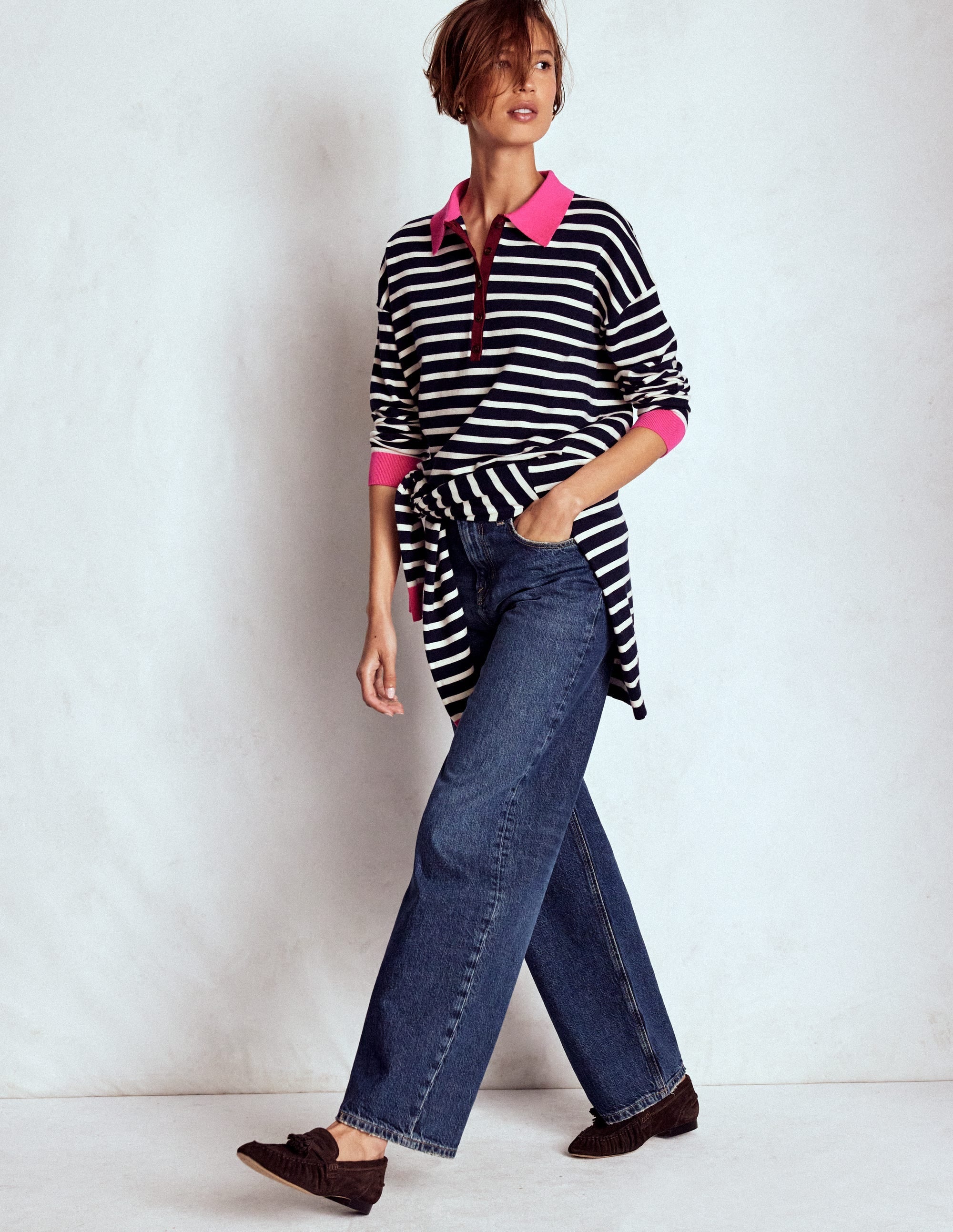 Lara Cotton Henley Jumper-Navy Stripe