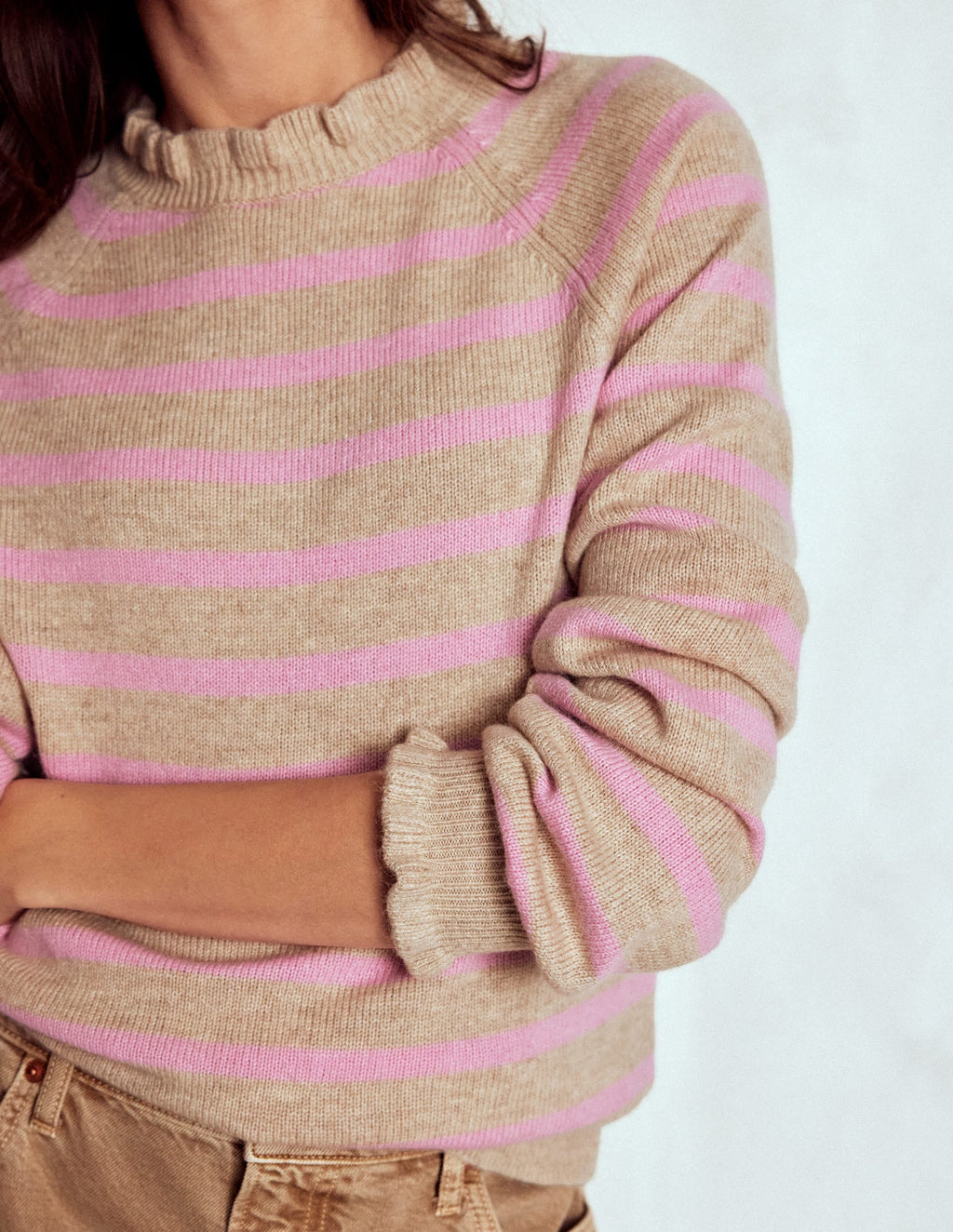 Fae Fair Isle Frilled Sweater-Camel, Pink Stripe