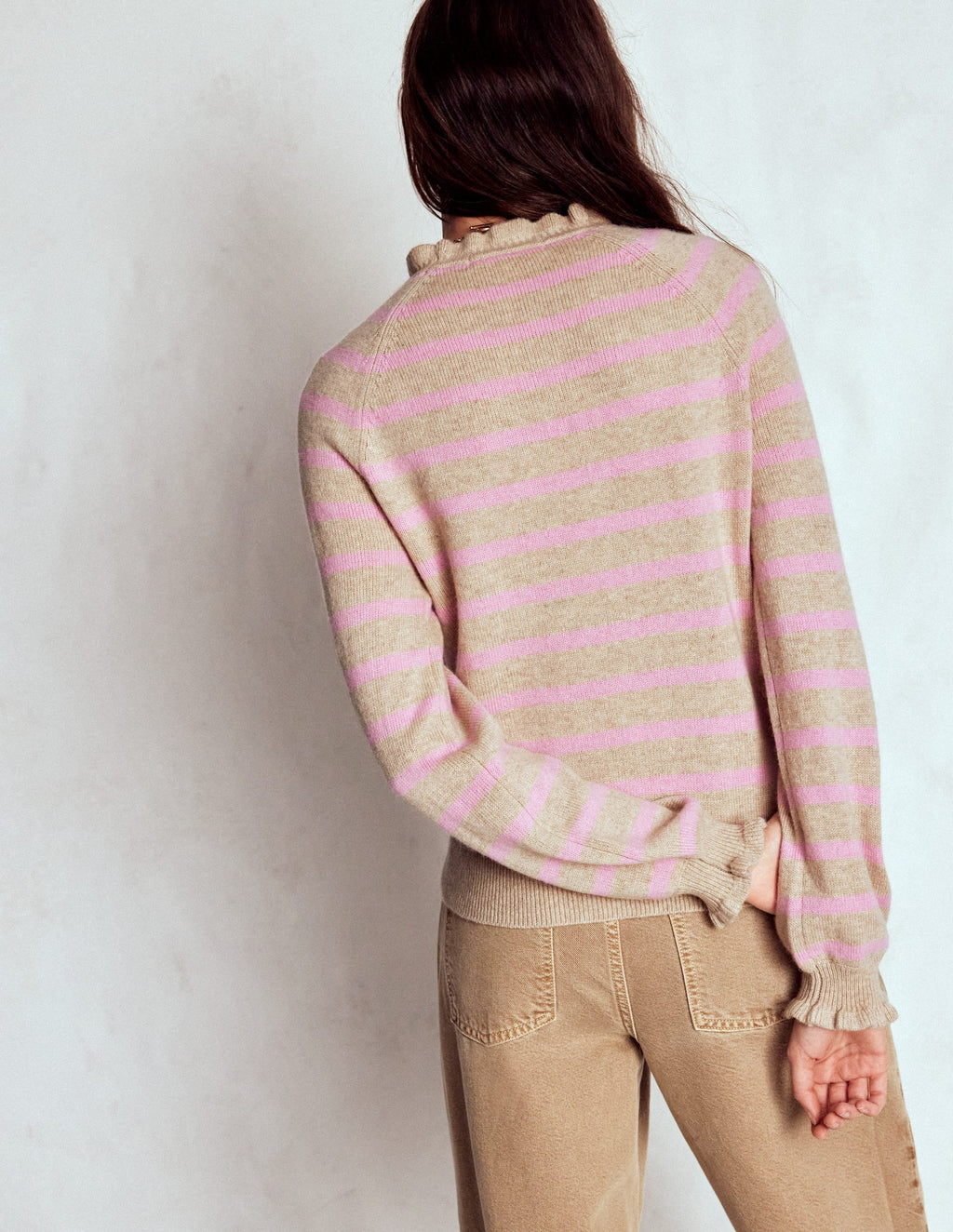 Fae Fair Isle Frilled Sweater-Camel, Pink Stripe