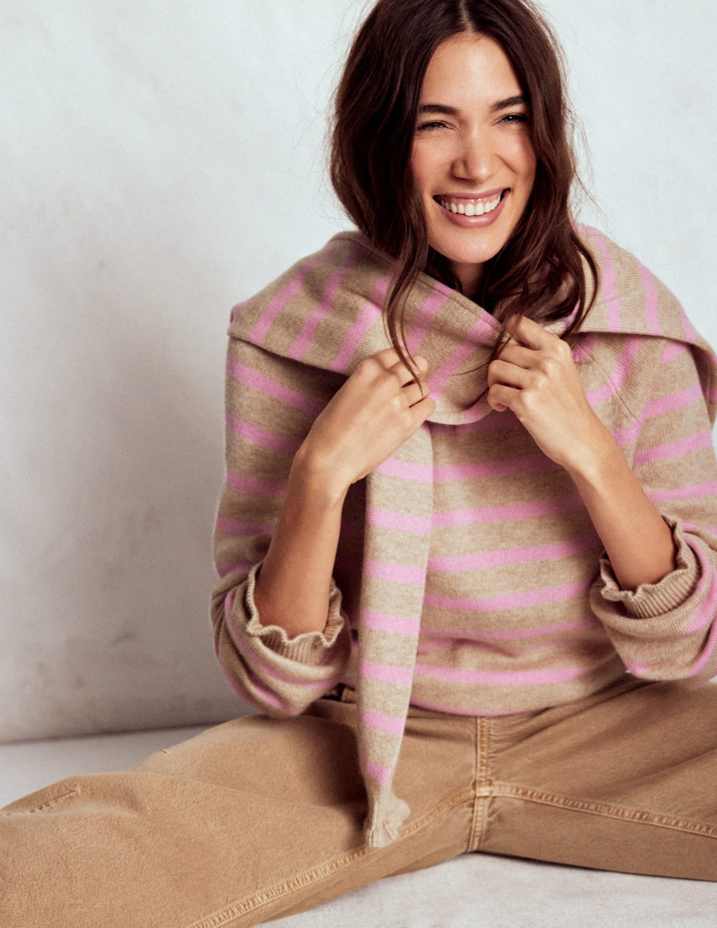 Fae Fair Isle Frilled Sweater-Camel, Pink Stripe