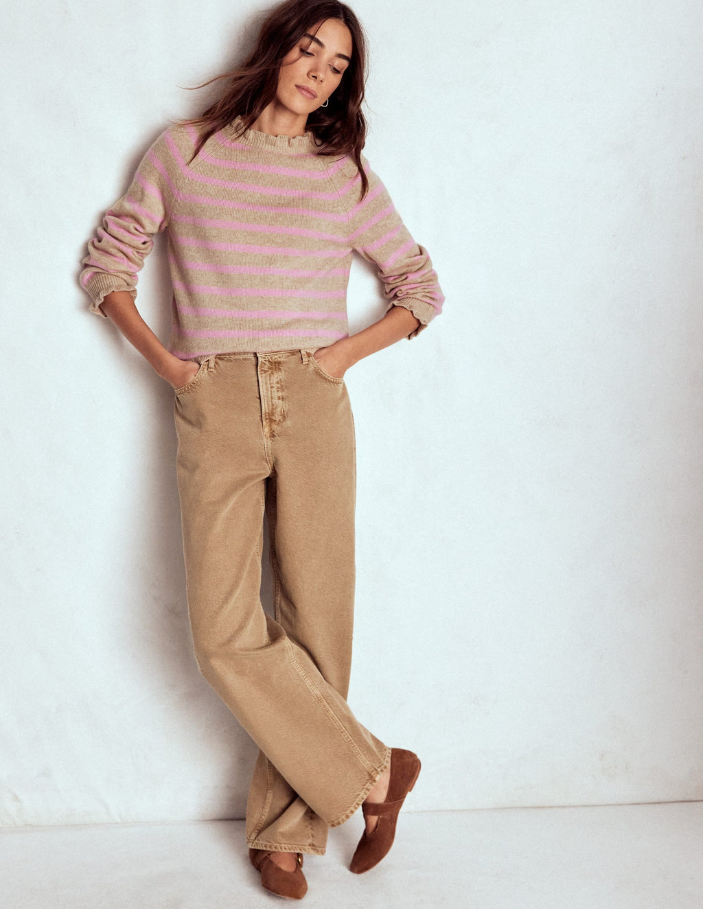 Fae Fair Isle Frilled Sweater-Camel, Pink Stripe