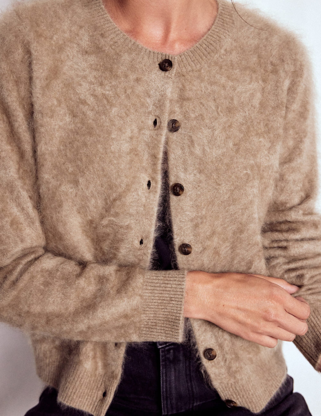 Brushed Crop Cashmere Cardigan-Dark Mink Melange