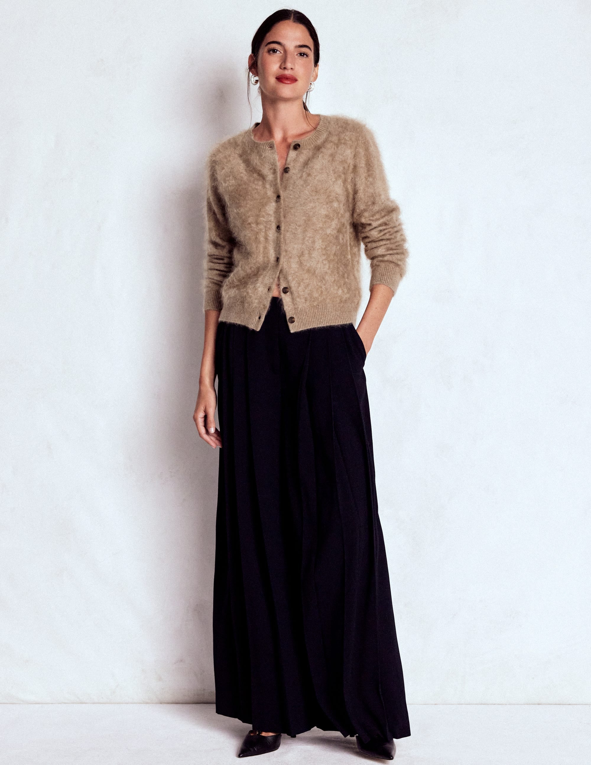 Brushed Crop Cashmere Cardigan-Dark Mink Melange